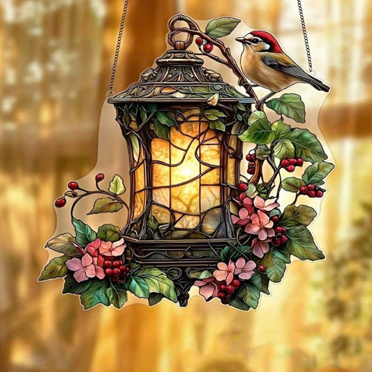 1PC Lantern with Bird and Flowers Acrylic Hanging, 7.08 inch Window Decor with Printed Stained Glass Style Design, Rainbow Maker Wall Art, Gift Idea & Garden Ornament Indoor Outdoor Use/YX-13