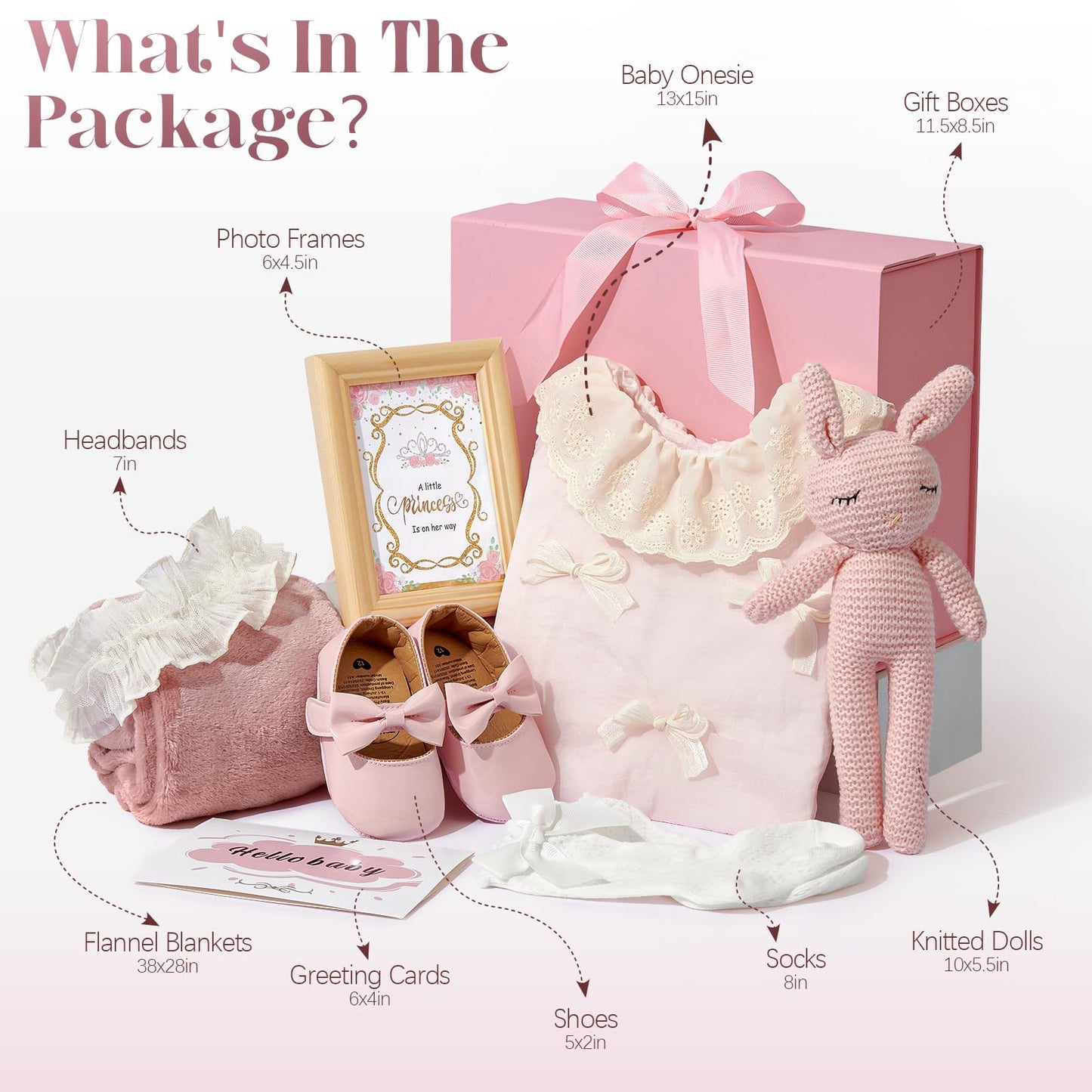 Golray Newborn Baby Girl Gifts New Born Cloths Baby Shower Gift with Bodysuit Cloth Soft Shoes/Socks/Blanket/Headband/Crochet Rabbit Toy/Greeting Card, New Born Essentials Baby Girl Gift Basket Stuff