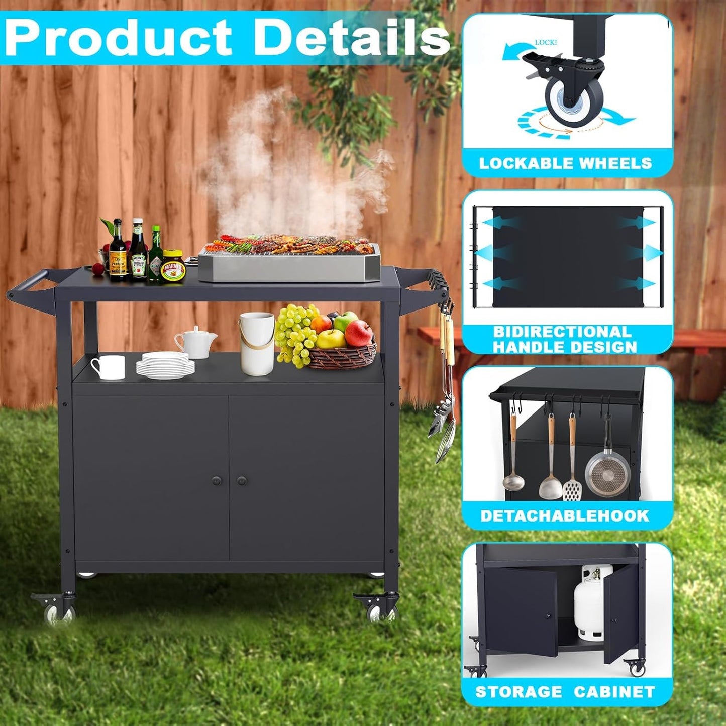 Outdoor Grill Table with Storage, Movable BBQ Grill Cart, Outdoor Kitchen Prep Station, Rolling Bar Serving Cart with Utensil Hooks, Blackstone Griddle Stand