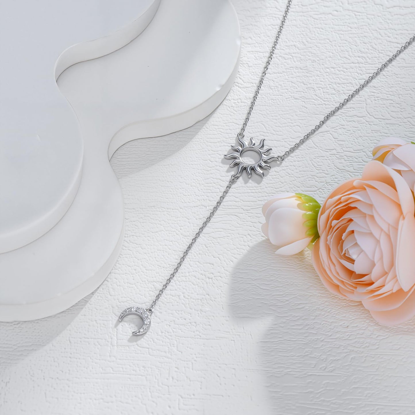 Diamond Sun Moon Y Necklace for Women 925 Sterling Silver Lariat Long Necklaces with Lab Grown Diamond Jewelry Gift for Birthday