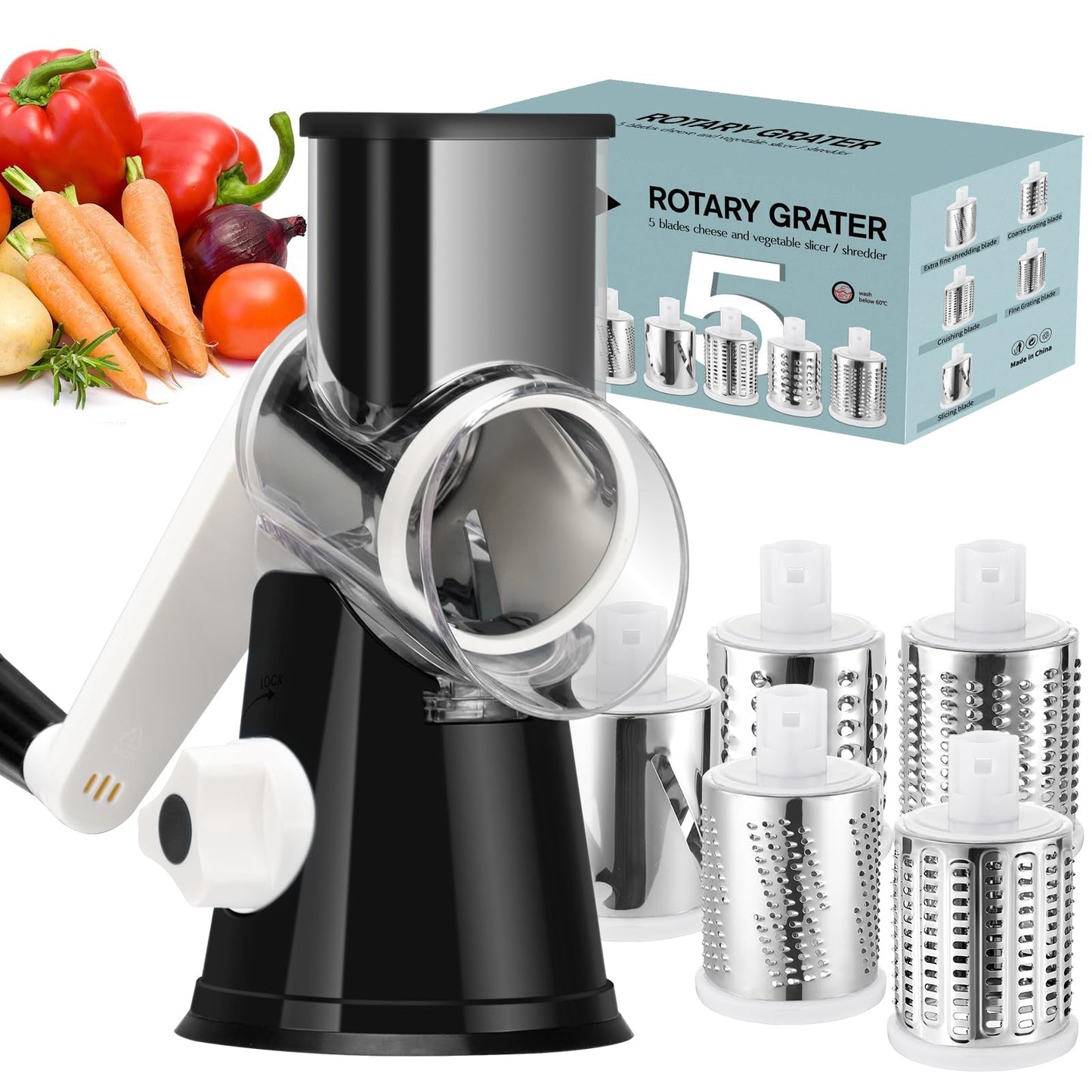 Ourokhome Rotary Cheese Grater Hand Crank, Kitchen Shredder Speed Mandolin Slicer Ice Shaver with Handle and Drum Blades for Cheese, Vegetable, Nuts, Chocolate, Potato, Carrot, 5 Blades, Black