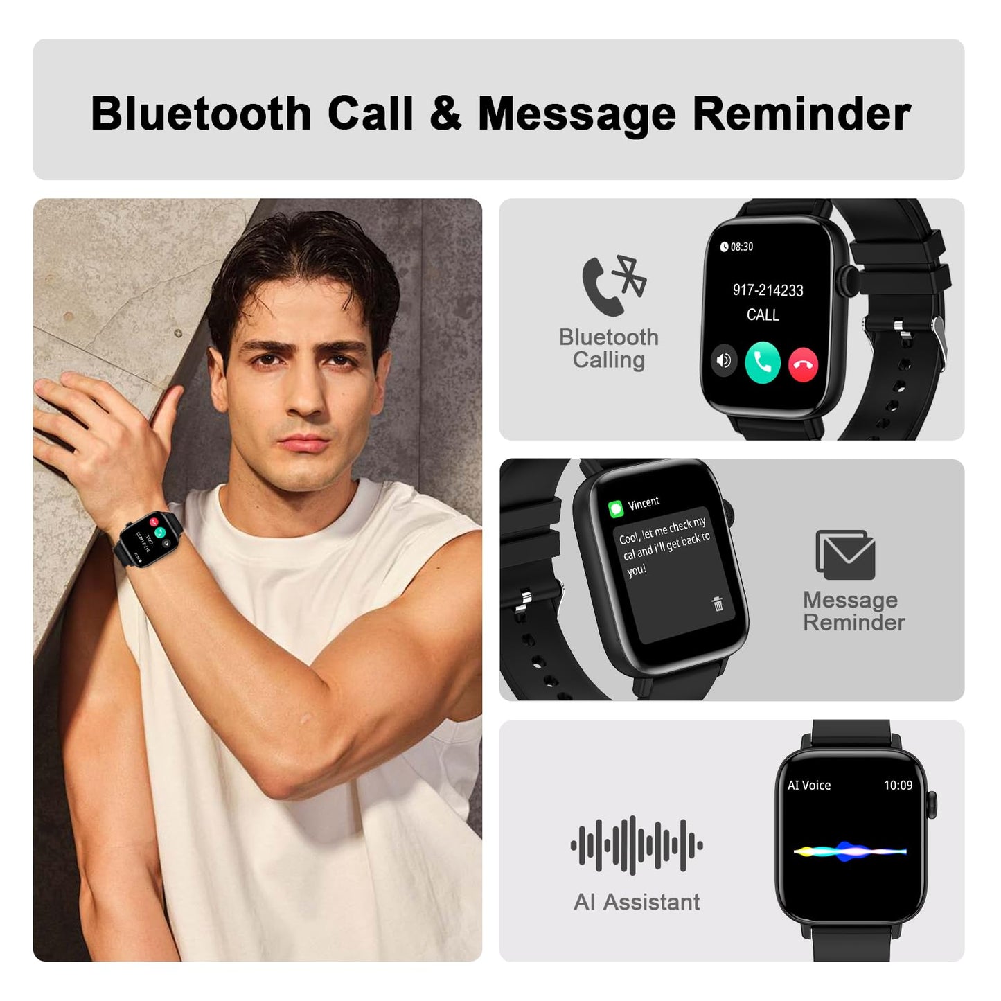 FTTMWTAG Smart Watch for Android iPhone-Call Receive/Dial/Read Message/AI Control-1.9" HD Screen-IP67 Waterproof Fitness Smartwatch-Blood Pressure/Heart Rate/SpO2/Sleep Monitor（Stone Black）