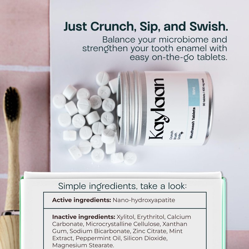 Kaylaan Travel Mouthwash Tablets - Mint Remineralizing Nano Hydroxyapatite, Alcohol Free, Mini Size Mouth Wash Tabs for Adults Gum & Enamel Health - 90 Count