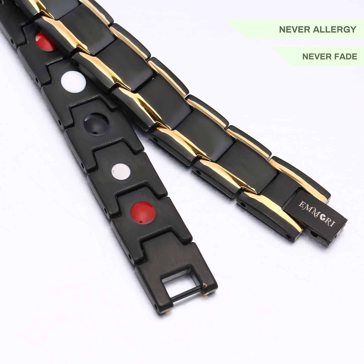 EMMORI Ultra Strength Magnetic Bracelet - 3,500 Gauss Per Magnet -Magnetic Bracelets for Men Woman - Adjustable Length -Pulseras Magneticas (Black Gold)