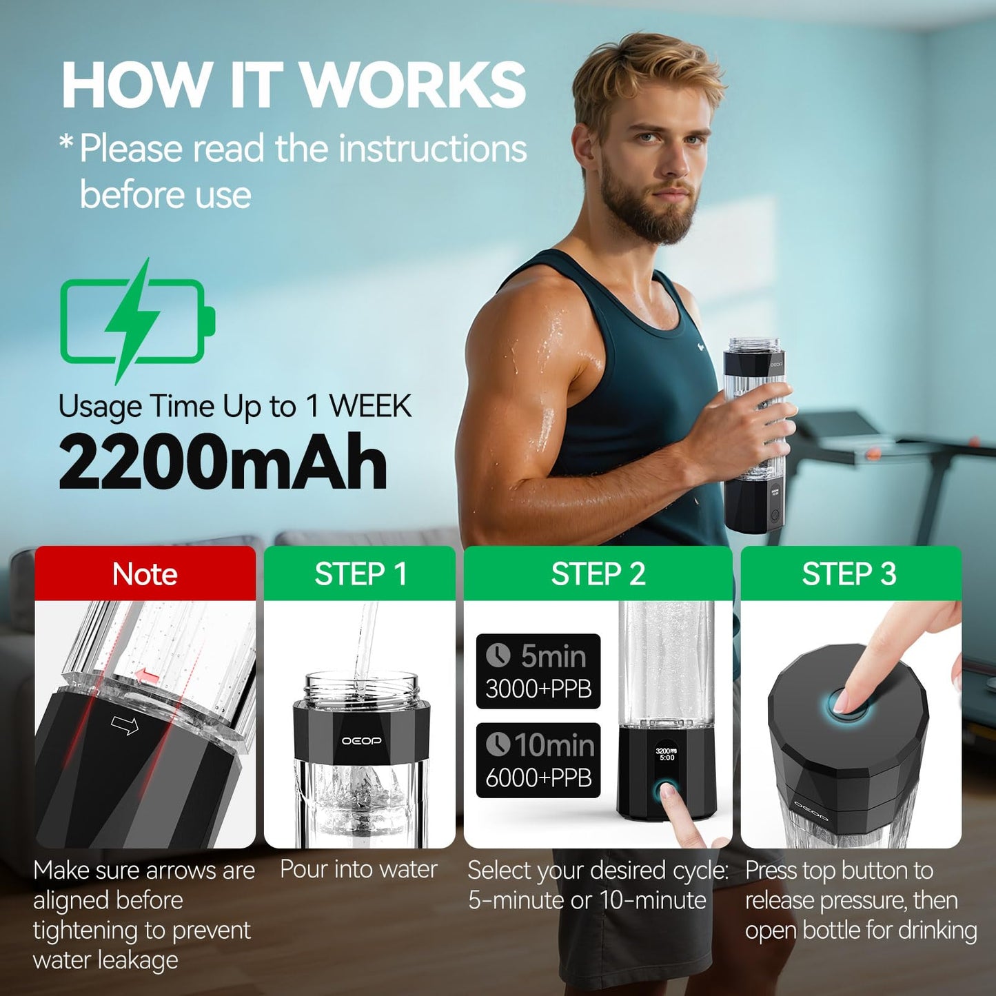OEOP Upgrade Hydrogen Water Bottle - 6400PPB Hydrogen Water Generator, SPE/PEM Certified, 7oz Portable Hydro Water Machine, Perfect for Gym/Travel/Office & Gifts for Friends/Family