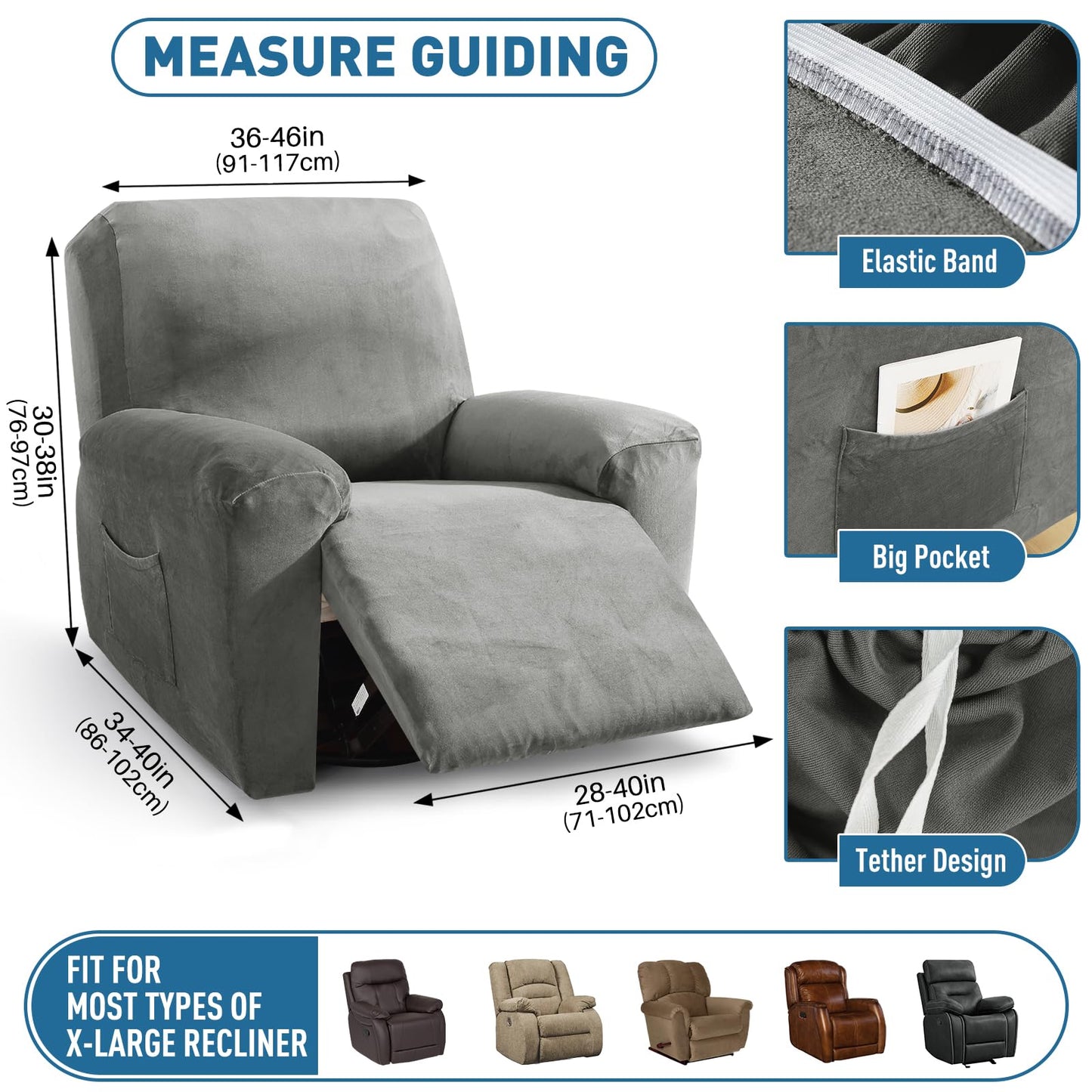 ZNSAYOTX 2025 Velvet Oversized Recliner Cover 3-Piece, Luxury Plush Recliner Chair Covers with Elastic Band & Ties Stay in Place, Stretch Reclining Slipcover for Lazy Boy Soft Washable (Grey)