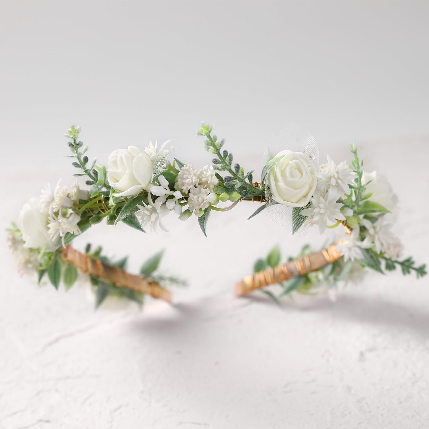 KorViSHOW White Flower Crown Hairband - Rose Flower Headband for Women's Wedding, Party, Festival Decoration, Hair Styling Accessory