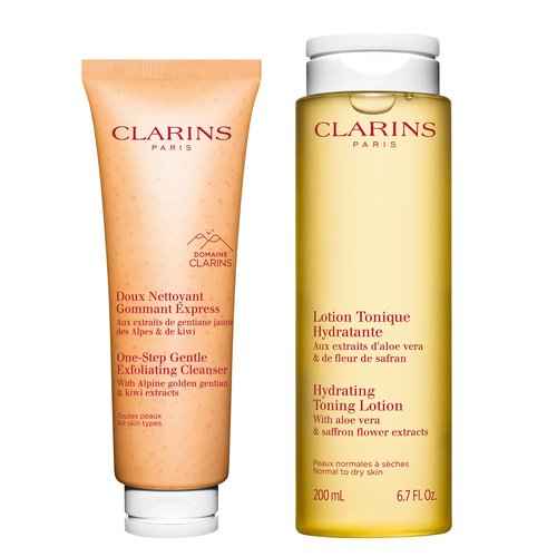 Clarins Hydrating Toning Lotion and One-Step Gentle Exfoliating Cleanser Bundle | Alcohol-Free Toner for Normal to Dry Skin | 3-in-1 Cleanser, Makeup Remover & Exfoliating Cleanser for All Skin Types
