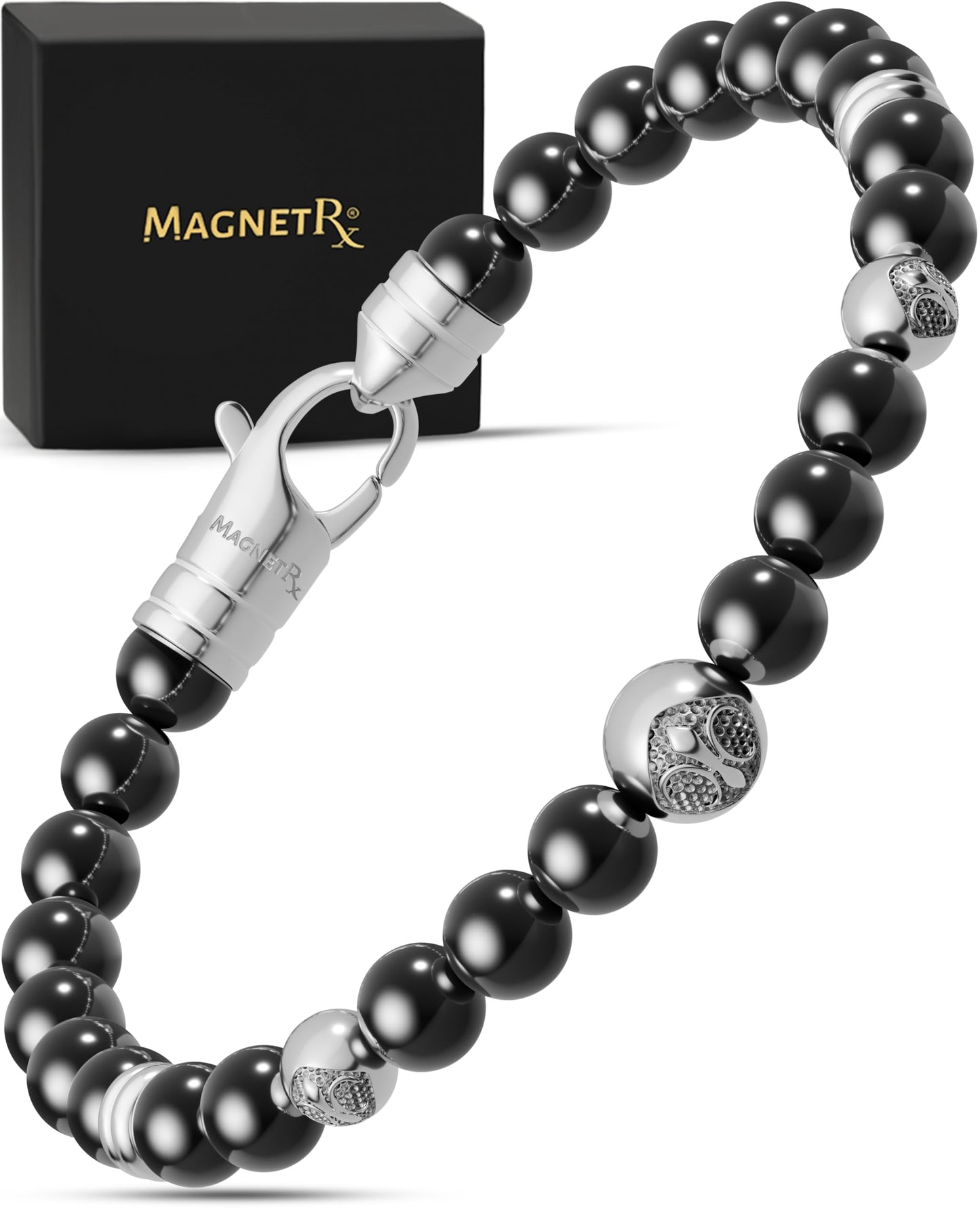 MagnetRX® Hematite Magnetic Bracelet – Max Strength Magnet Stones with Stainless Steel Charms – Elegant Magnetic Hematite Beaded Bracelets for Men (Armory | Medium)