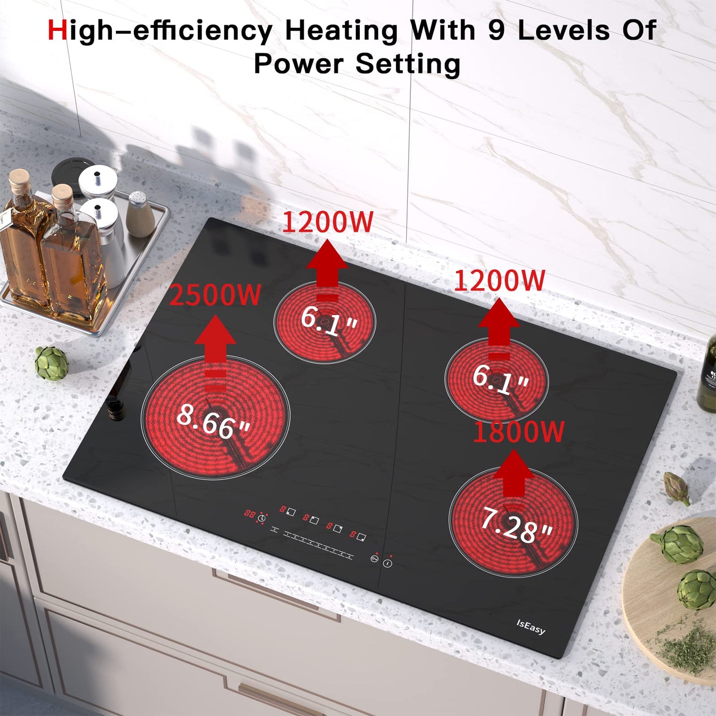 Electric Cooktop Ceramic Stove 4 Burners 30 inch Built-in Countertop Burners Cooker Satin Glass in Black Touch Sensor Control,Timer,Child Safety Lock,9 Power Levels,220-240V 7200W