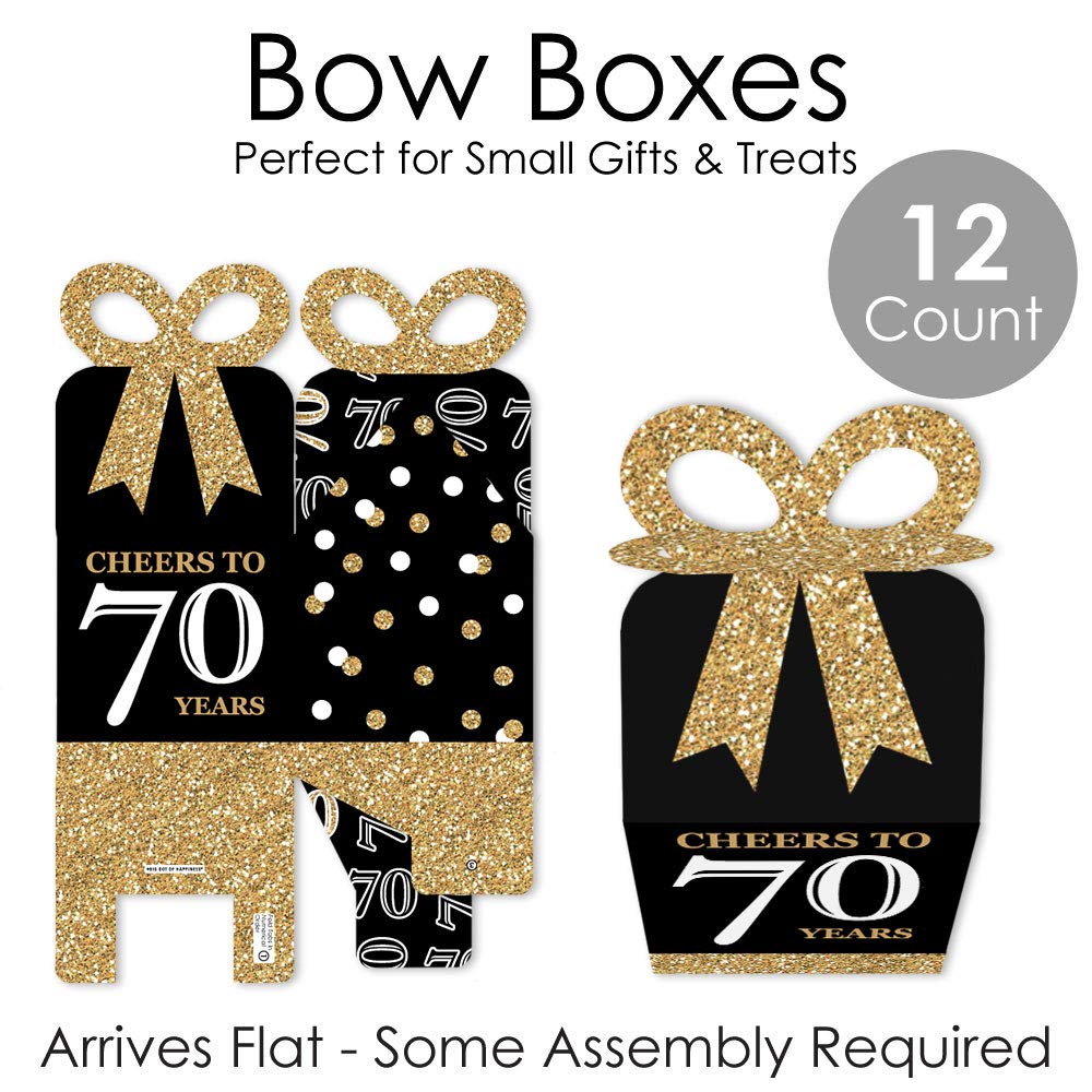 Big Dot of Happiness 70th Birthday Party Favor Gift Boxes - Elegant Gold Square Design with 3D Bow Top - Premium Cardstock Party Supplies for Milestone Celebration, Bow Boxes, Set of 12 Decorative Boxes - 70 Years