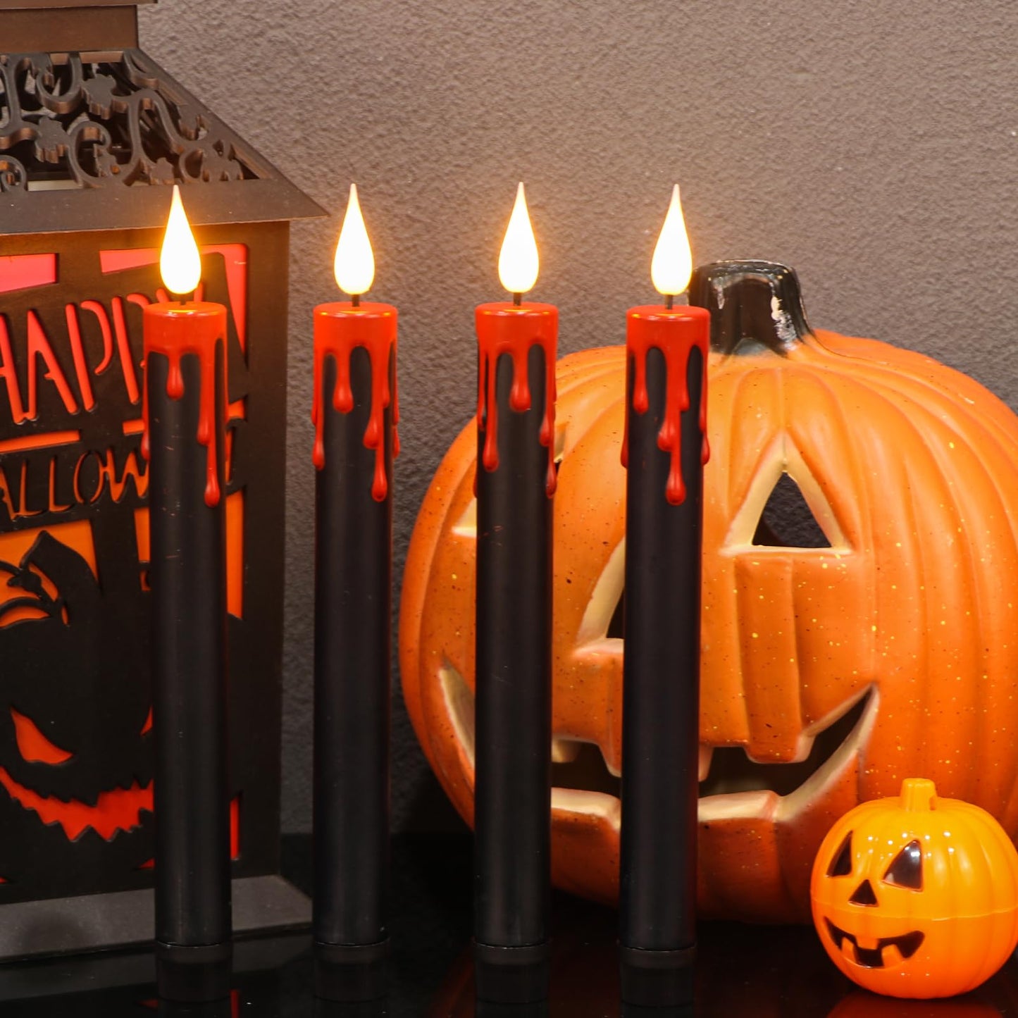 Eldnacele LED Flameless Taper Candles Battery Operated with Remote and Timer 3D Wick Flickering Blood Dripping Halloween Dinner Spooky Horror Home Decoration Set of 4 Black Candles, 0.78" x 8.9"""