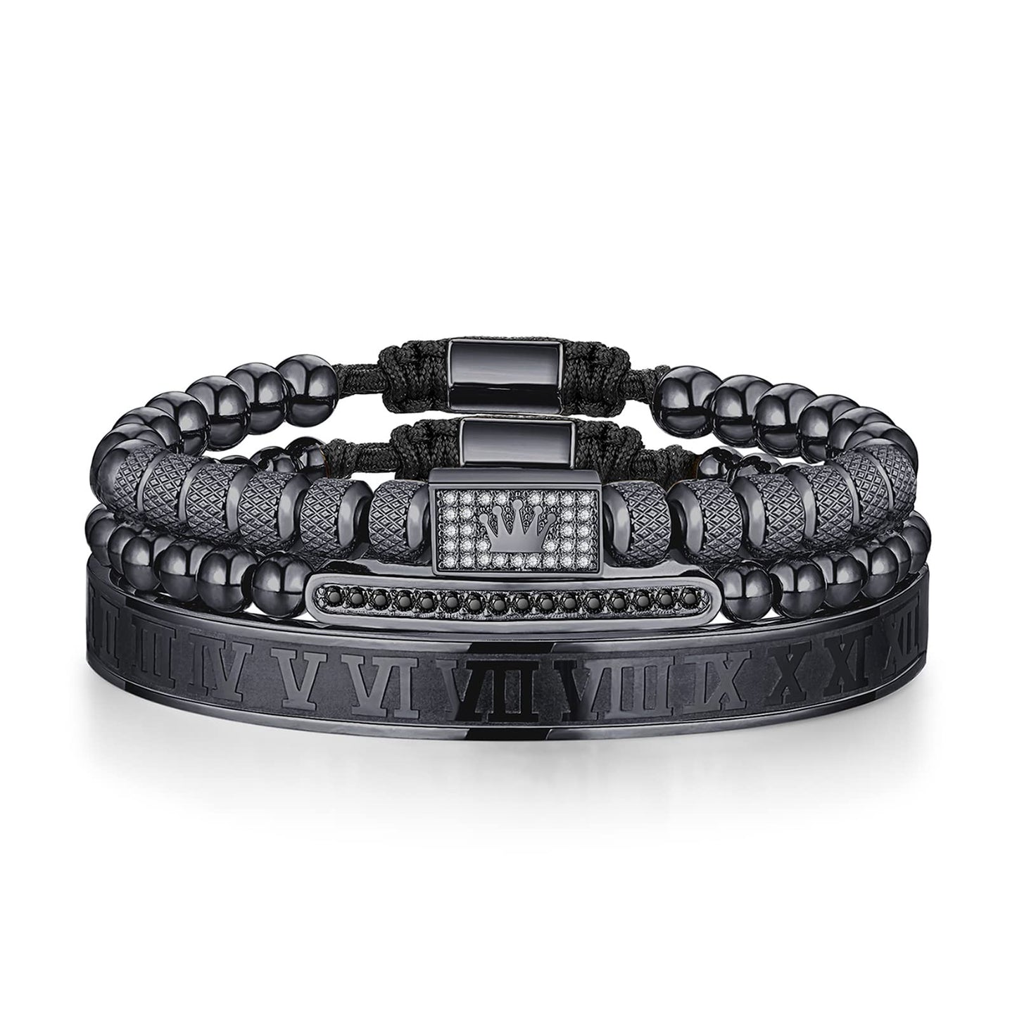 WFYOU 3PCS Stainless Steel Bracelets for Men Gold Roman Numeral Bangle Bracelet Twisted Cable Bracelet Adjustable Cuff Bracelet Mens Luxury Jewelry Bracelets Gifts(H:Black)