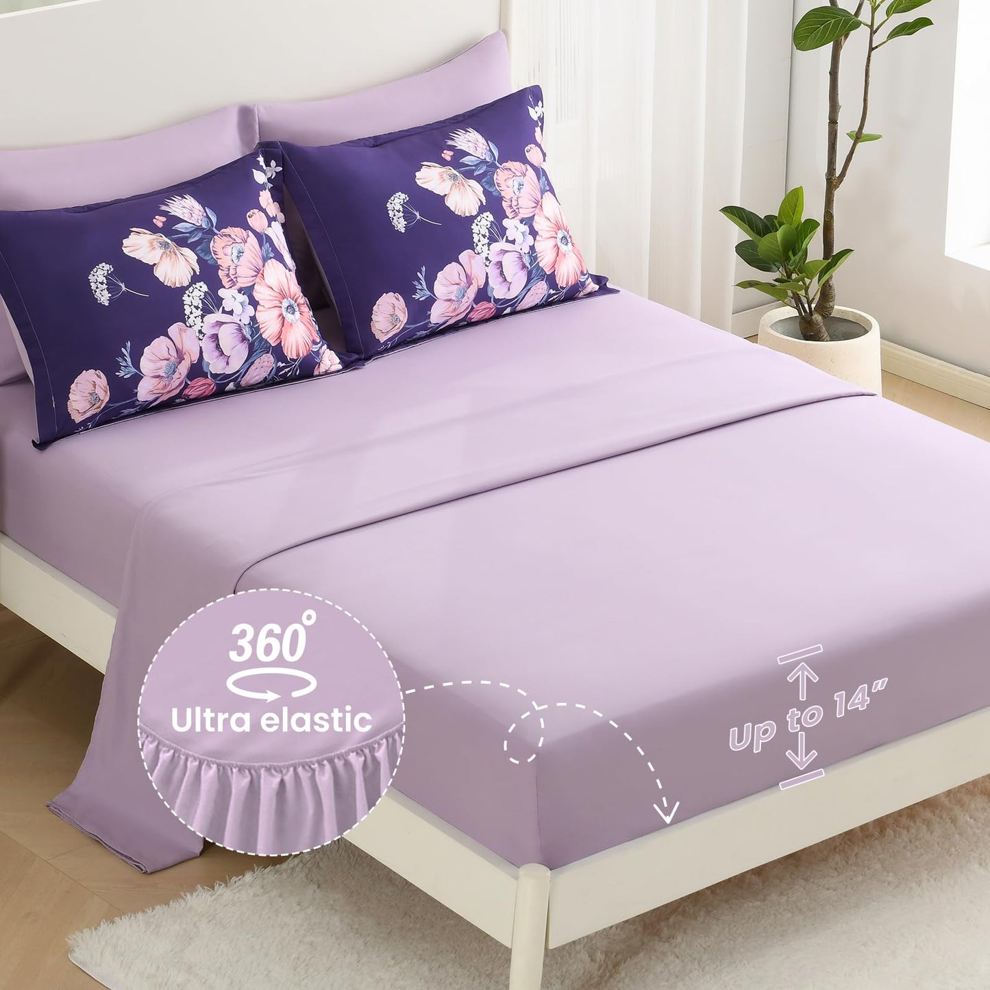 LLDSYW Queen Comforter Set - 7 Pieces Bed in a Bag Dark Purple Floral Queen Comforter Set with Sheets, Soft Microfiber Flower Complete Bedding Set for All Seasons（Dark Purple,90"x90"）