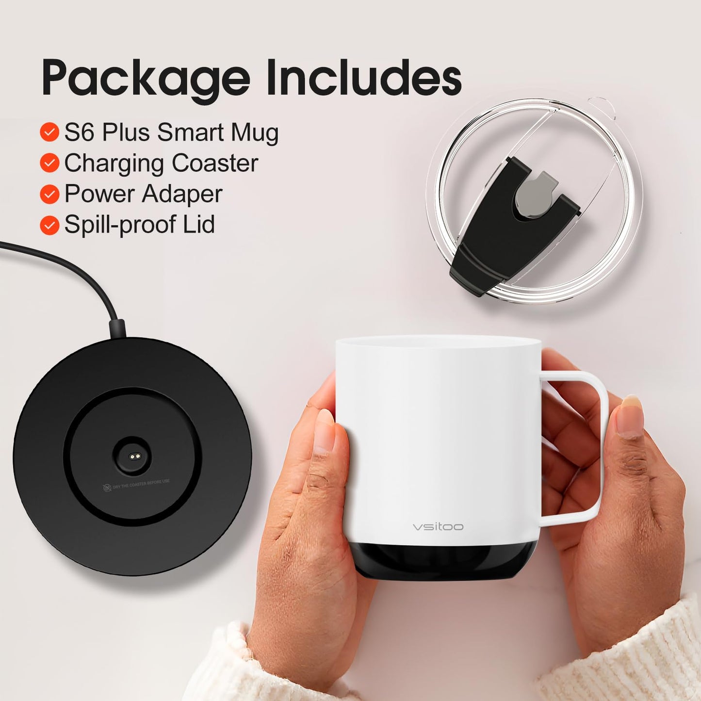 Vsitoo S6 Plus Smart Coffee Mug, 12oz,Temperature Controlled Mug & Electric Coffee Mug with Music Sync Lights，Auto-Sensing AI Heats Drinks to 120-150°F Hands-Free. Ideal for Home/Office/Gifts - White