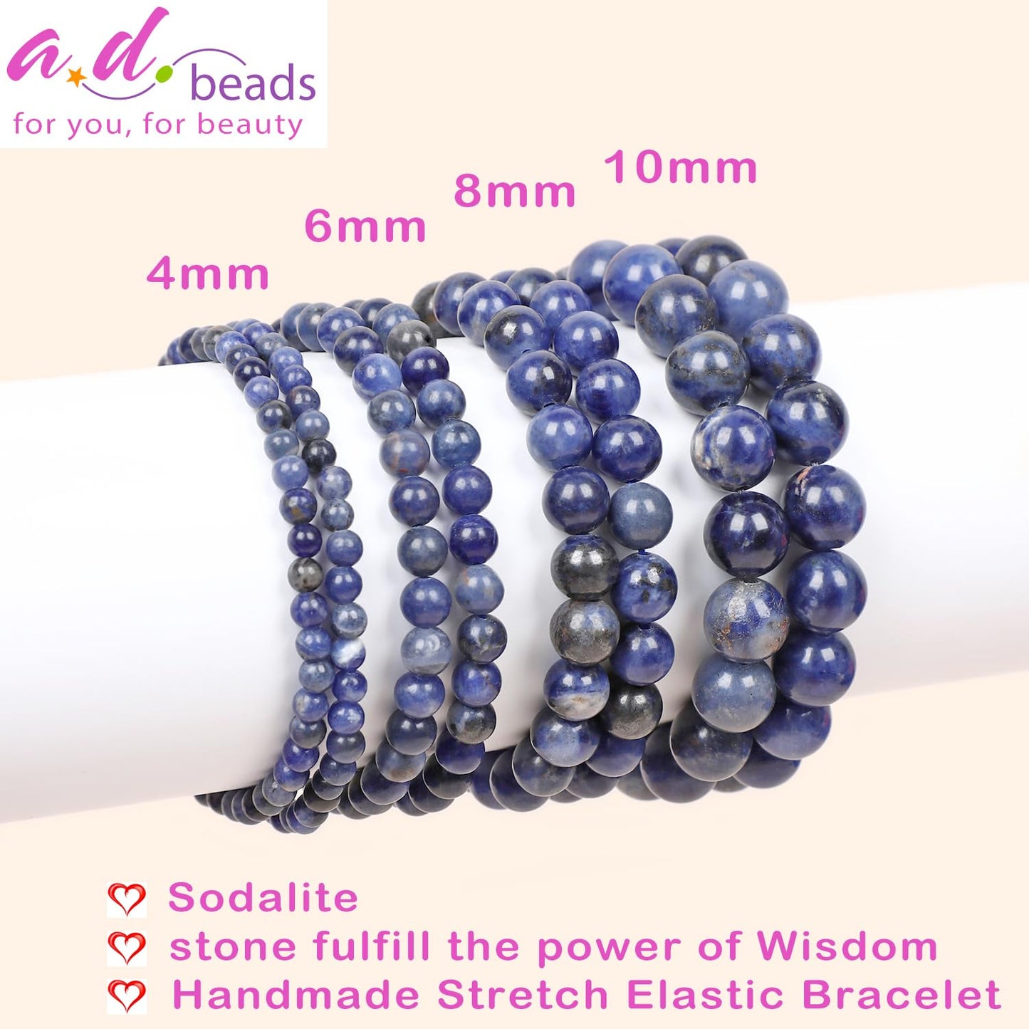 AD Beads Handmade Gemstone Stretch Elastic Bracelet Crystal Healing Reiki Nature's Beauty and Spiritual Essence Unisex (6mm, Blue Sodalite)