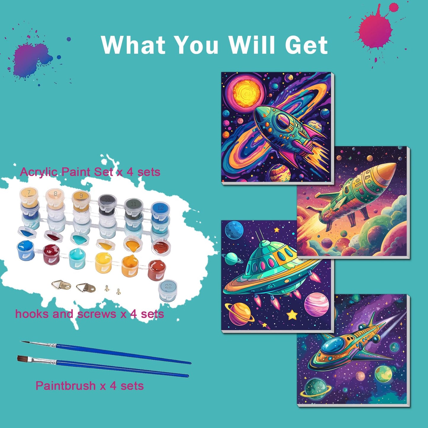 4 Pack Paint by Numbers Kit for Kids, Outer Space Color by Number Painting Kits for Kids Ages 8-12 Astronaut Paint by Numbers with Framed Canvas Children DIY Paints by Number Kits for Beginners 8x8 In