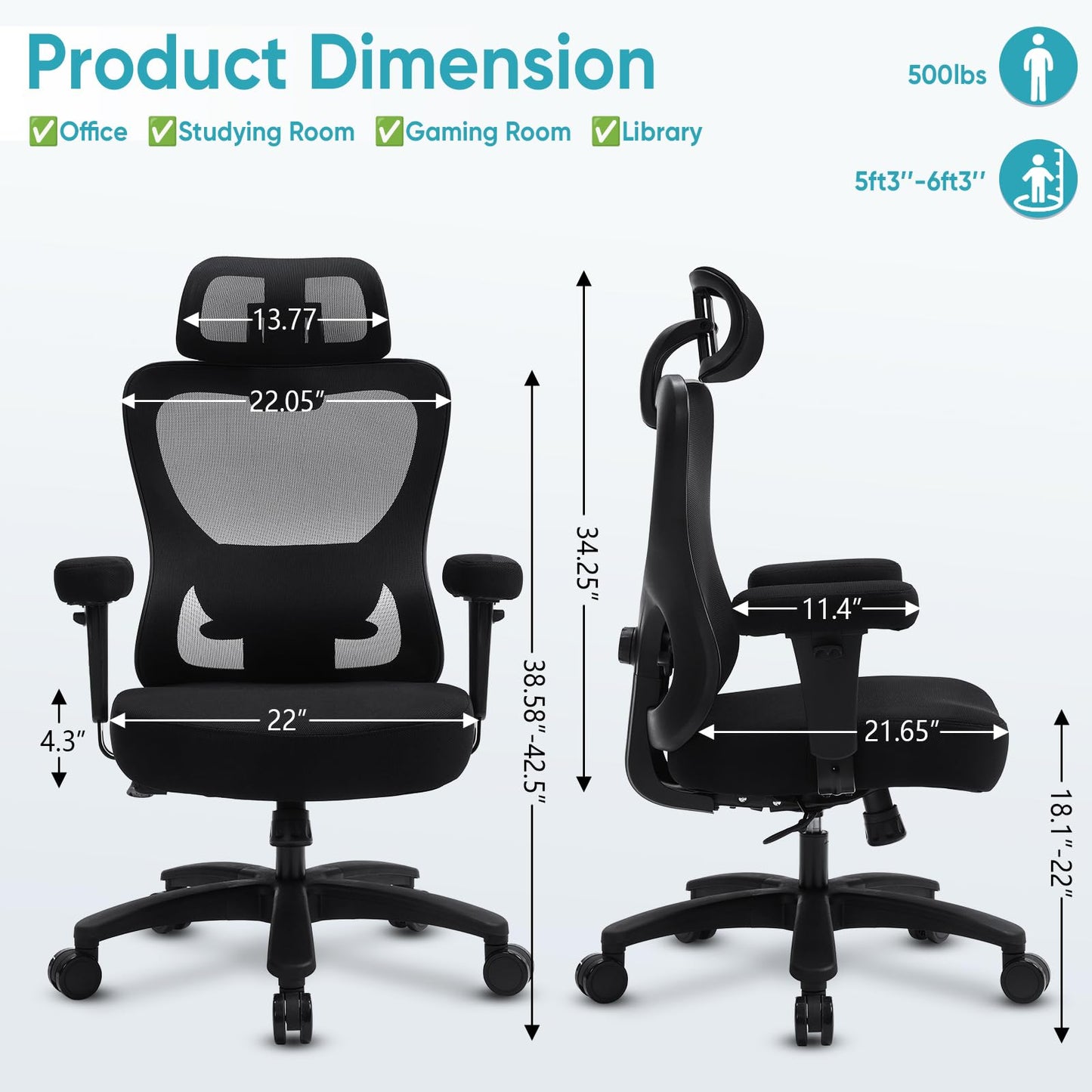500lbs Big and Tall Office Chair Heavy Duty Office Chair with Adjustable Lumbar Support & Headrest,Ergonomic Mesh High Back Computer Desk Chair, Extra Wide Seat Chair