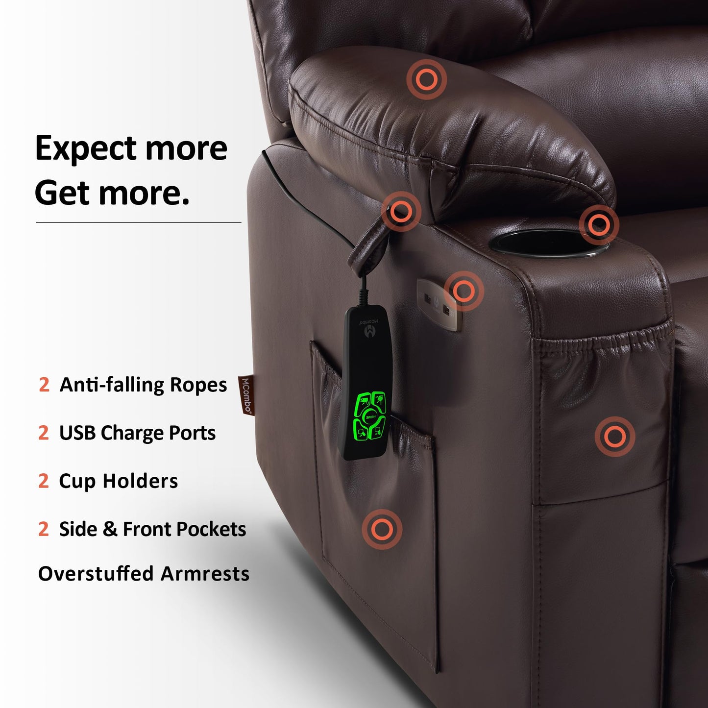 MCombo Oversized Dual Motor Power Lift Recliner Chair Sofa with Massage and Heat for Big Elderly People, Infinite Position, USB Ports, Faux Leather R7688 (Dark Brown, Large-Oversize)