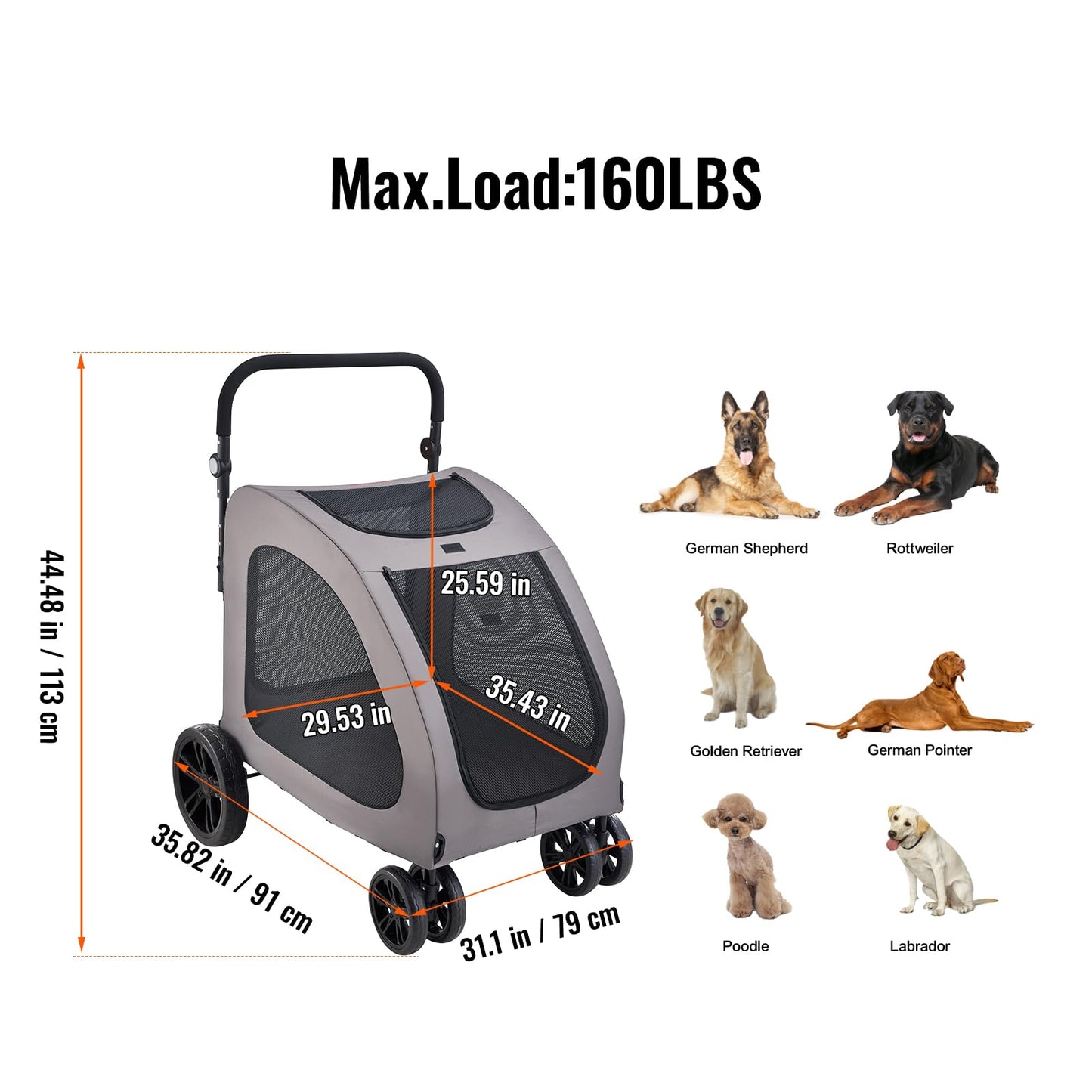 VEVOR Pet Stroller, 4 Wheels Dog Carrier with Brakes, 160lbs Weight Capacity, Portable Puppy Travel Strollers with Breathable Mesh Windows & Height-Adjustable, for Cats & Dogs
