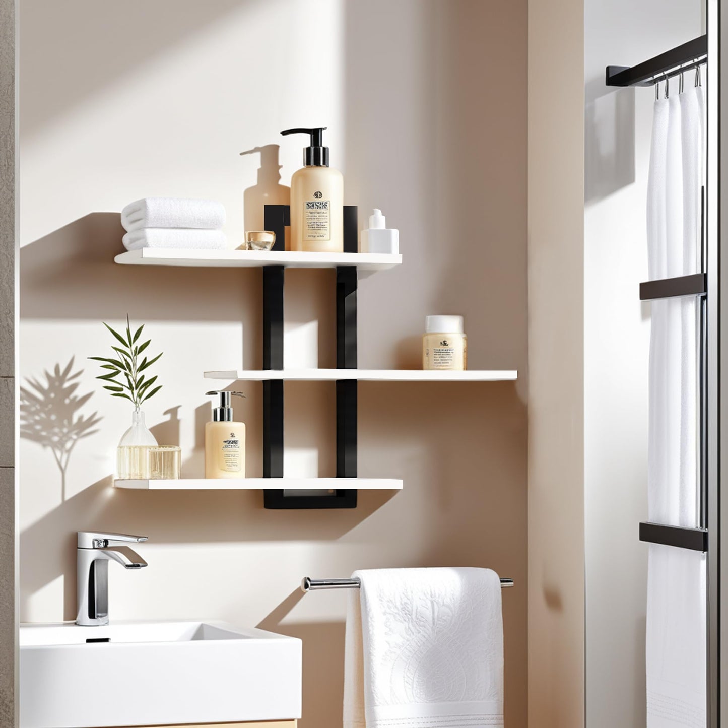 RIVERVALLA Black Floating Shelves for Wall 3 Tier White Bathroom Shelf Wall Mounted Modern Pine Wooden Shelves Rack for Livingroom Bedroom Kitchen Book Plants Organizers and Storage Decor
