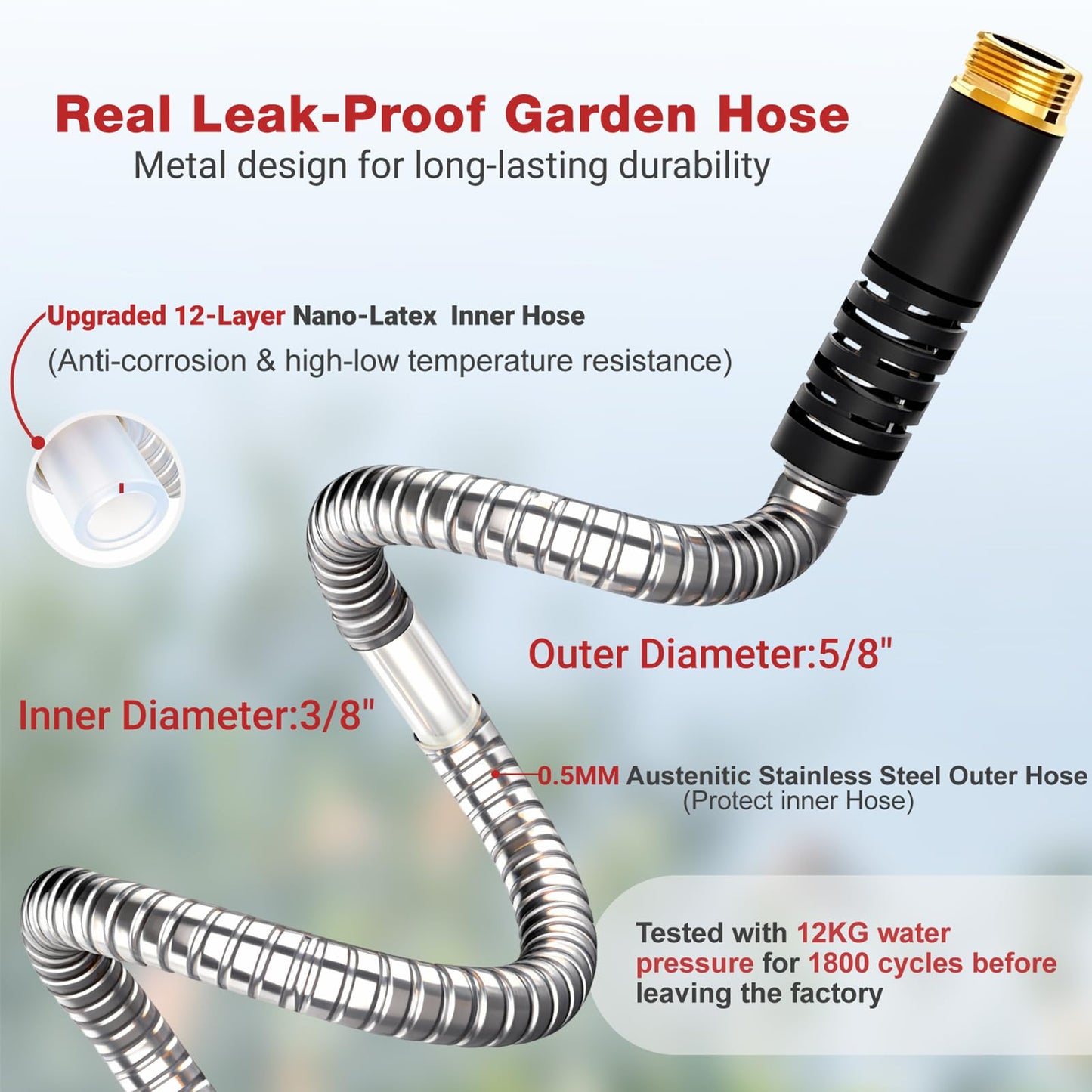Lefree 150ft Stainless Steel Garden Hose - No-Kink Leak-Proof Crush Resistant, with Upgraded Protective Rubber Sleeve, 10-Function Nozzle for Lawn Care, RV Camp, Long-Distance Yard Watering