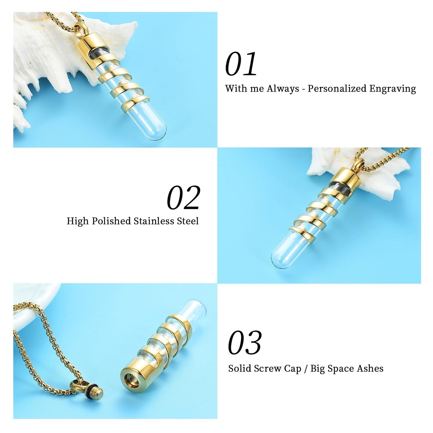 Oinsi Clear Glass Tube Cremation Jewelry for Men Women Ashes Holder Necklace Keepsake Cylinder Memorial Pendant Angel wings Urn Necklace (Gold)