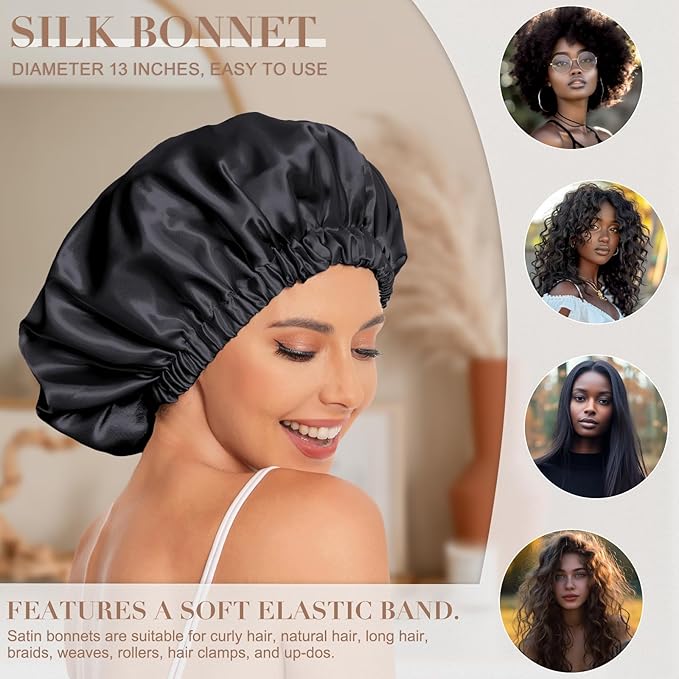 Satin Bonnet Silk Bonnet Hair Bonnet for Sleeping-Slouchy Beanie Hat Satin Sleep Cap for Women's Natural & Curly Hair(Black&Dark Pink)