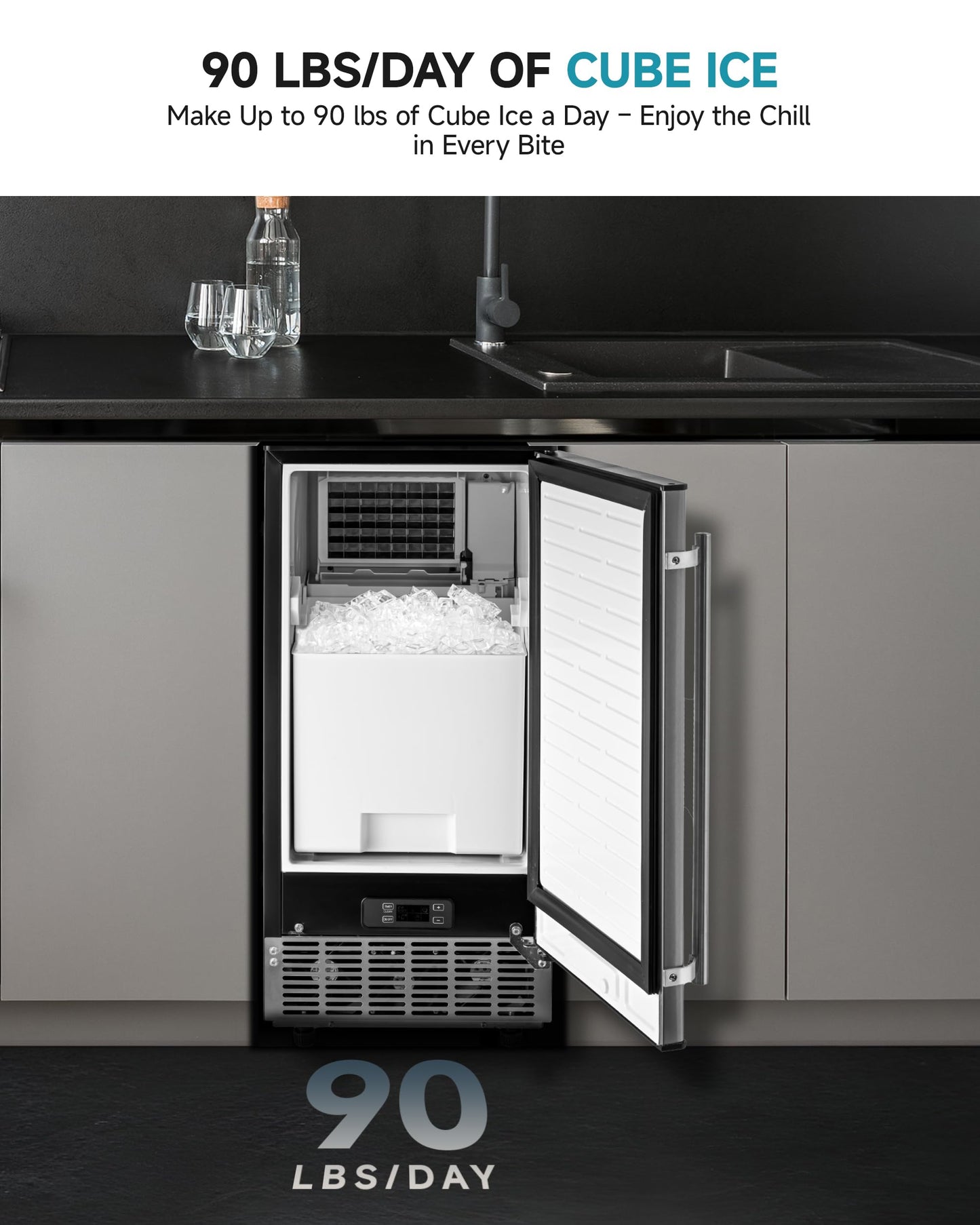 EUHOMY Under Counter Ice Maker with Drain Pump, 90 lbs/Day Ice Machine, Auto-Cleaning & 24H Timer, Stainless Steel Commercial Ice Maker with 24 lbs Storage for Home/Bar/Cafe/Restaurant