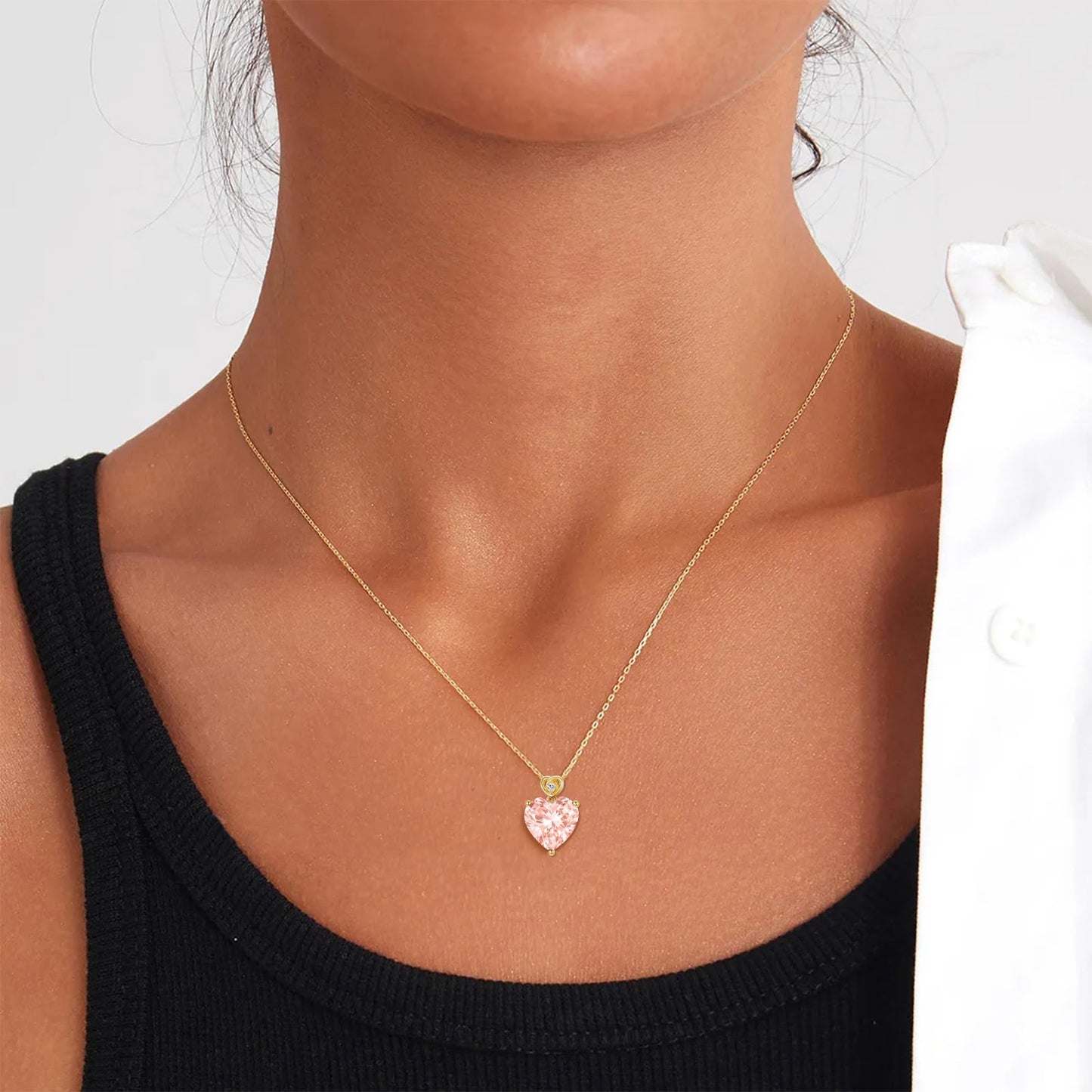NFYBD 14k Gold Love Heart Morganite Birthstone Pendant Necklace for Women 3 Carat Heart-cut Created Gemstone Anniversary Birthday Mother's Day Necklaces for Her 16+1+1 inch