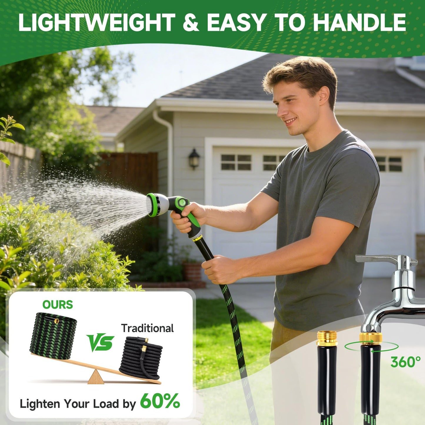 Garden Hose 50ft Flexible Non-Expandable Water Hose Ultra Lightweight Kink-Free Leak-Proof Durable & Abrasion-Resistant with 3/4" Brass Fittings for Patio Yard RV and Outdoor Use