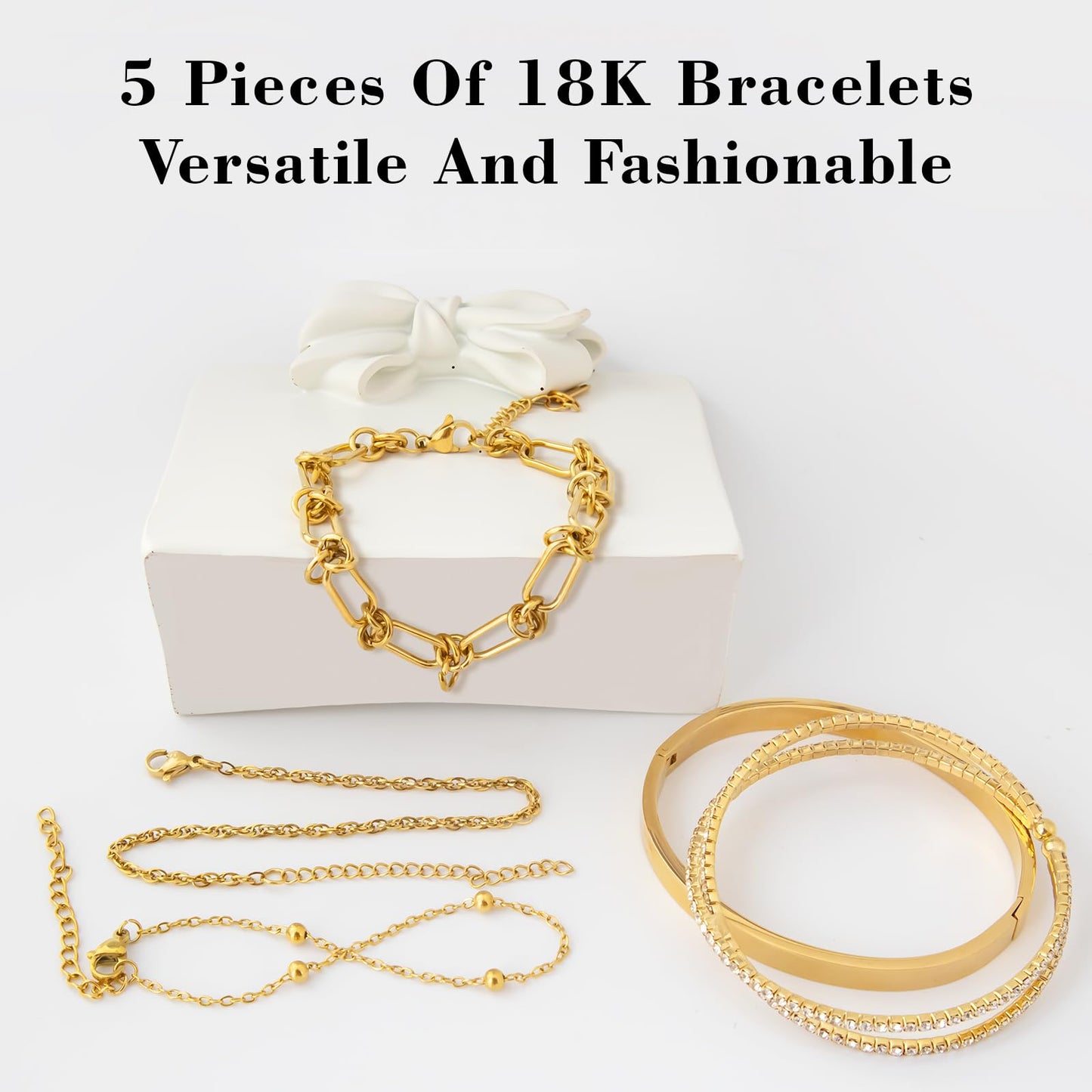 Gold Bracelets for Women, Exquisite 18K and 14K Real Gold-Plated Bracelet Stacking Sets, Waterproof Cuban Chains, Paperclip Chain , Cuff Bangles, Non Tarnish,Jewelry Gifts for Women (18Kzuan5)