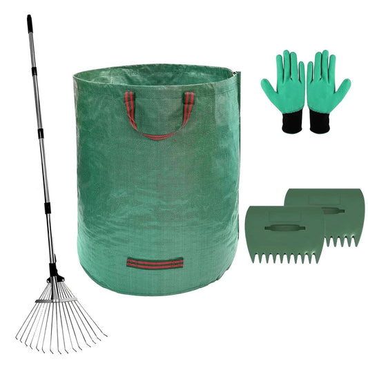 68 Inch Rake for Leaves, Metal Leaf Rake Set with 72 Gallon Leaf Bags,Leaf Scoops Hand Claws, Work Gloves– Complete Yard Tool Kit for Outdoor Garden Lawns Yard Shrub Grass Bush