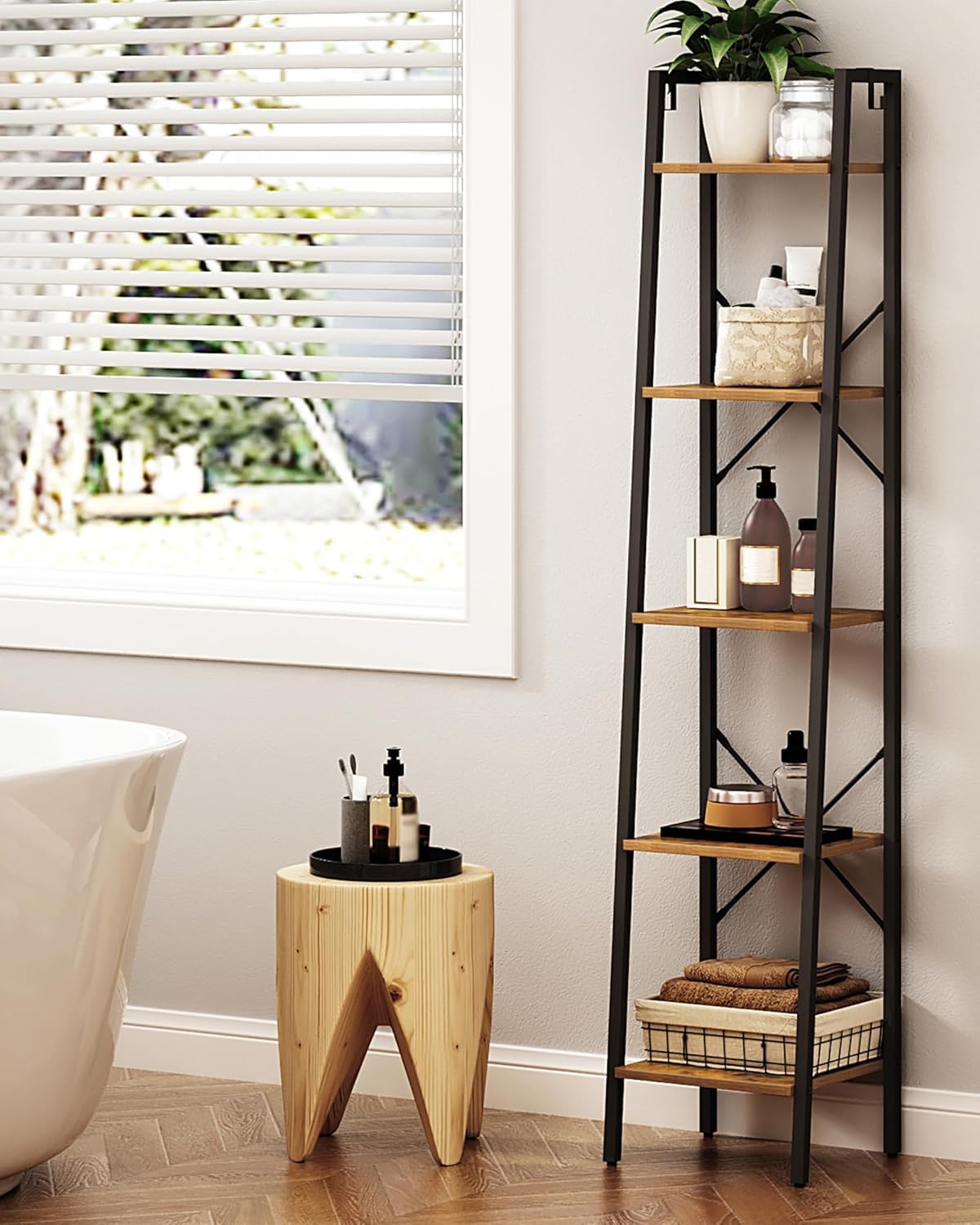 Hzuaneri Ladder Shelf, Bookshelf Bookcase, Freestanding Corner Storage Shelve with 2 Hooks for Home Office, Living Room, Kitchen, Bedroom, Industrial, 11.8" D x 13.4" W x 63" H, Rustic Brown BC03201B