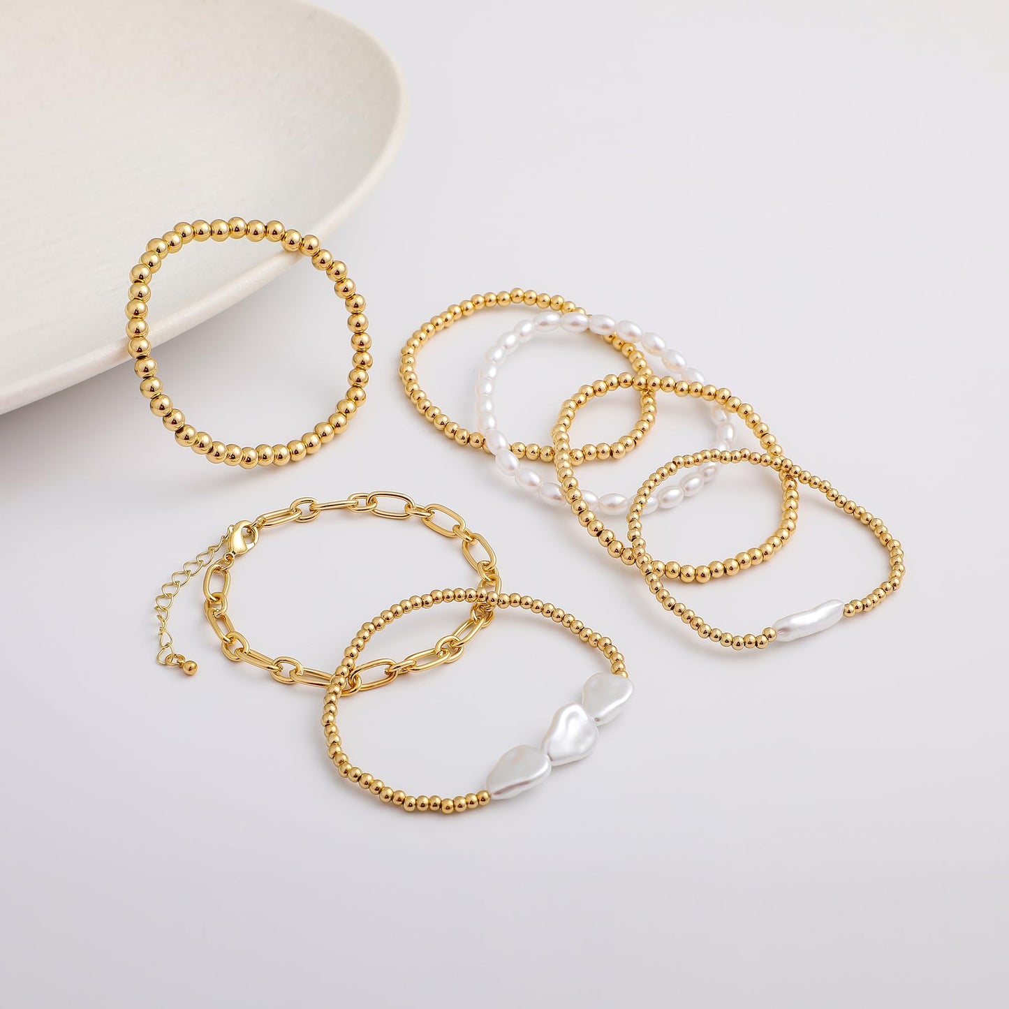 Sajidos Gold Plated Beaded Bracelets for Women Trendy, 14K Gold Plated Stack Cross Pearl Gold Plated Bead Stretch Bracelets Set Elastic Hypoallergenic Bracelets Jewelry Gifts (style11-link)