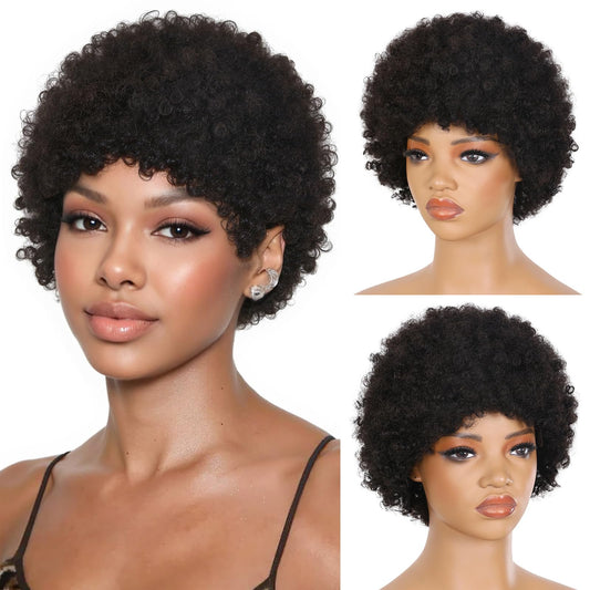HANNE Short Afro Wig for Black Women 100% Human Hair Tight Curly Wig Short Curly Wig (Black)