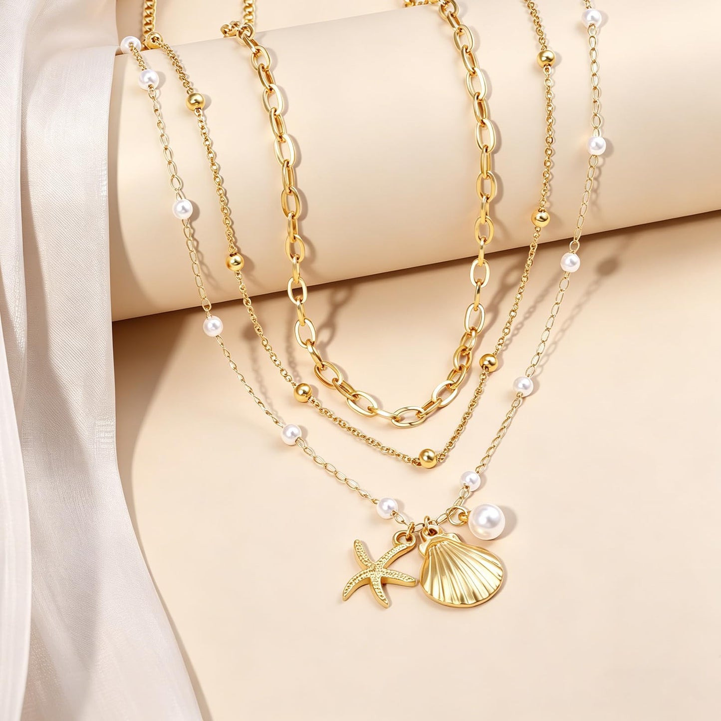 Seashell Necklace Beach Starfish Layered Necklaces for Women Non Tarnish Waterproof Gold Necklace Stack Dainty Paperclip Cute Shell Pearl Pendant Ocean Charm Trendy Summer Beach Vacation Jewelry Gift (3pcs Starfish&Shell&Pearl)