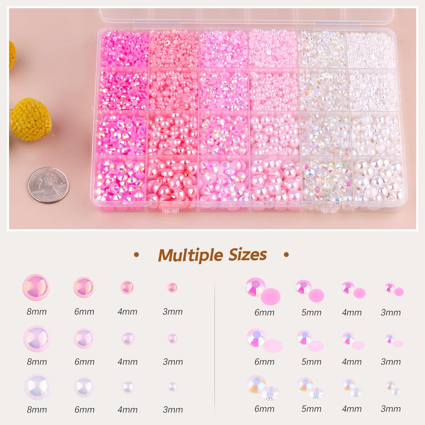 14000PCS Flatback Pearls and Pink Rhinestones for Bedazzling Kit, Pink White 3-10mm Resin Rhinestones Gems and Half Pearls for Crafting, Nail Art and Grad Cap Decor with B7000 Jewelry Glue