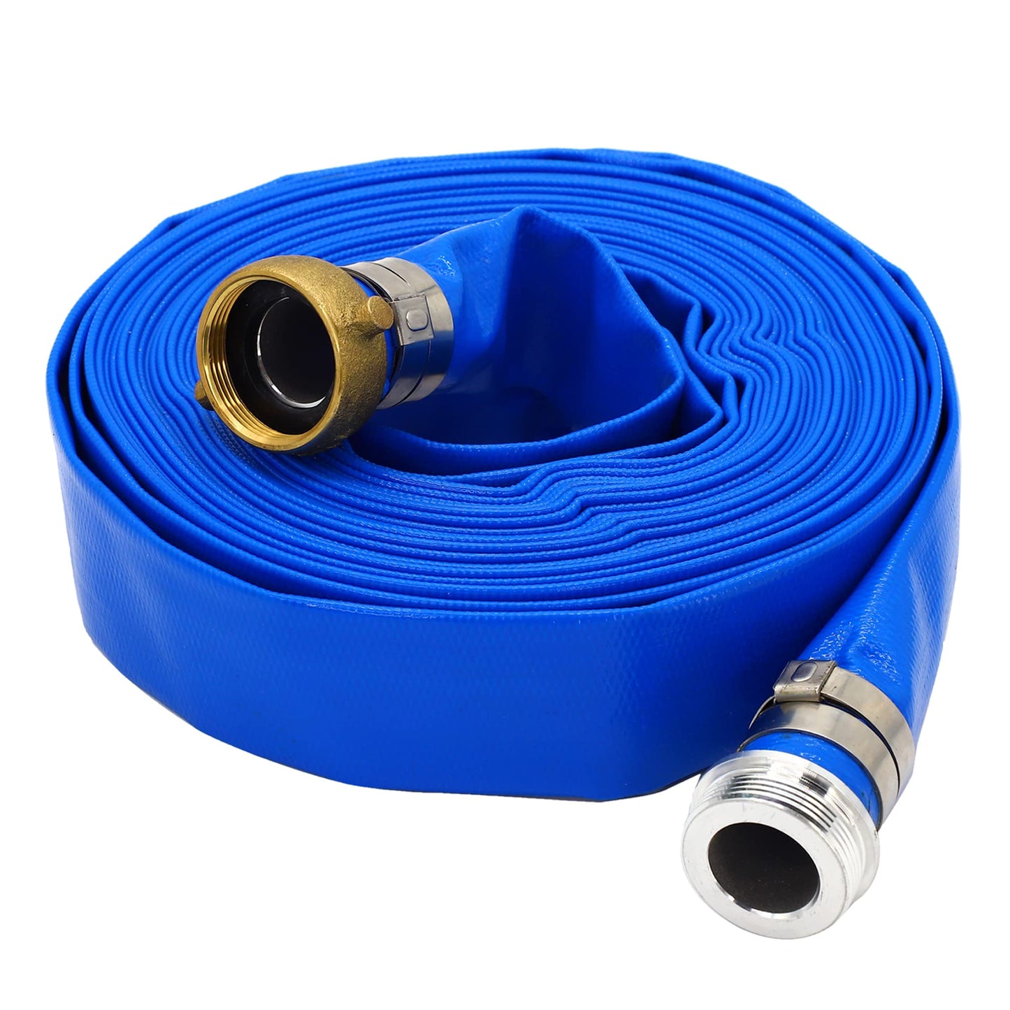 DAVCO 2" ID × 50 ft Pool Backwash Hose, Heavy Duty Reinforced Blue PVC Lay Flat Water Discharge Pump Hoses For Swimming Drain Pools and Clean Filters, With Aluminum Pin Lug Fittings