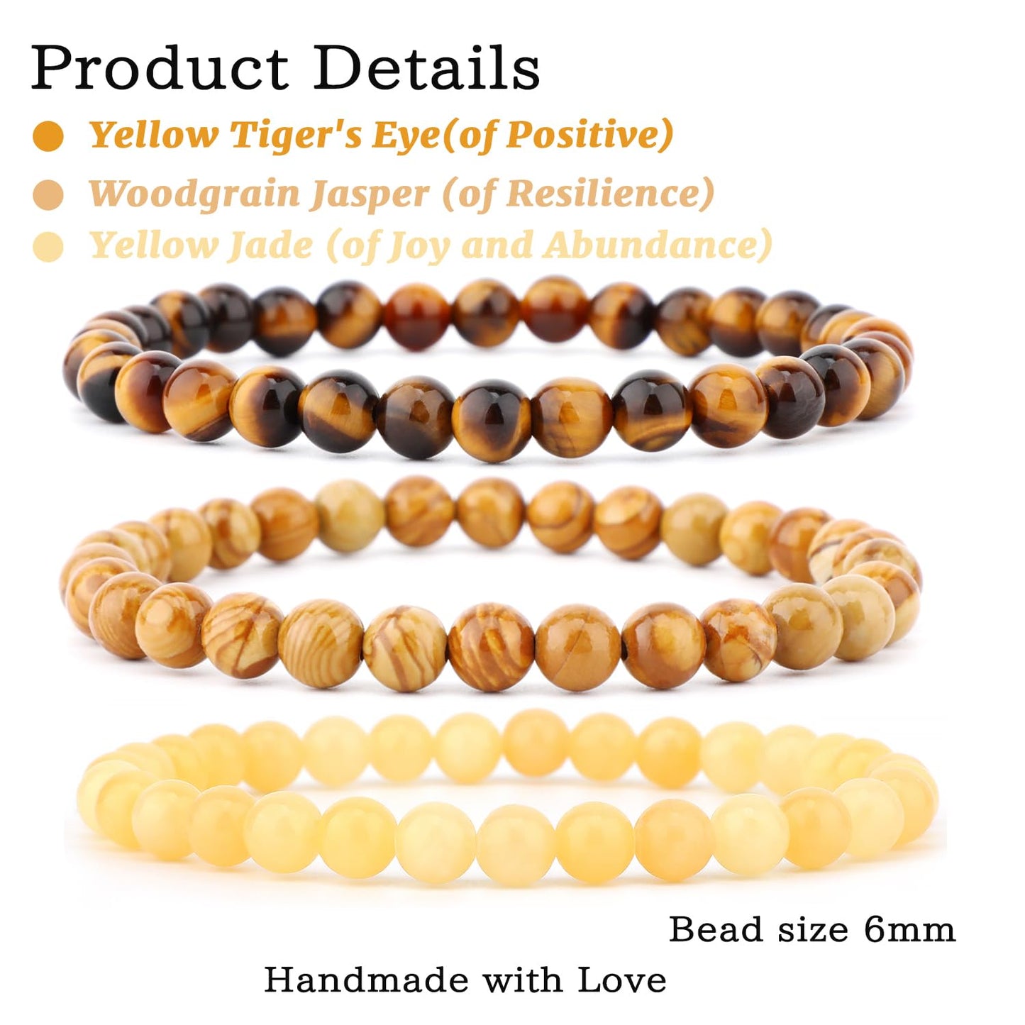 NCB 3-Piece 6mm Natural Crystal Gemstone Stretch Bracelets – ﻿Woodgrain Jasper, Yellow Jade, Yellow Tiger's Eye Handmade Reiki Energy Healing Jewelry for Meditation,Yoga, Unisex