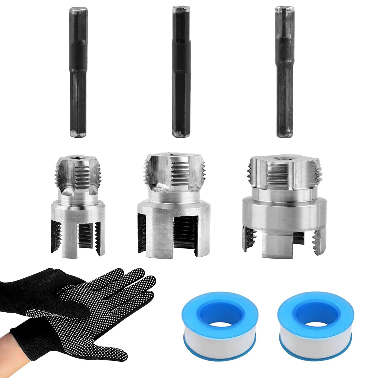 3Pcs Pipe Threading Tool,PVC Pipe Threader Kit,Dual-Function Internal & External Pipes Threading Tool for 1/2",3/4",1" Plastic Pipes,with 2 rolls PTFE Tape & 1 pair Gloves,for Home Repair
