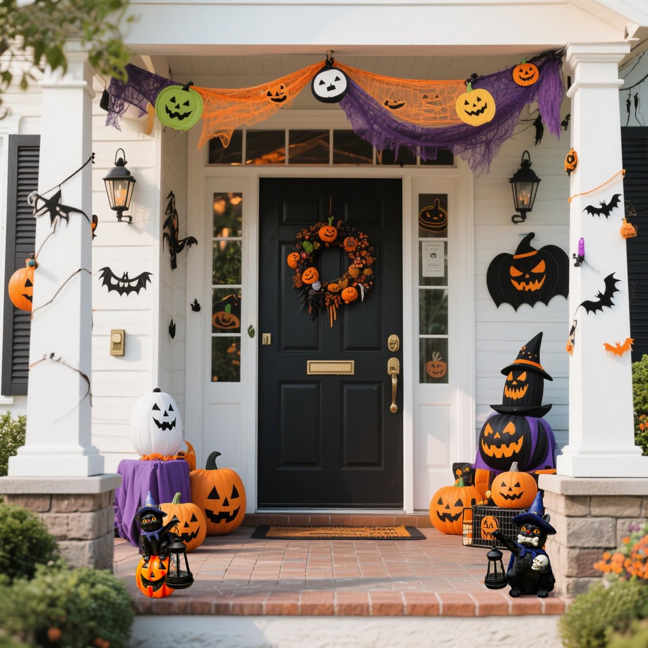 WONDHOME Halloween Black Cat Decor Spooky Solar Cat Garden Statues Holding Skull with LED Lantern Halloween Outdoor Decorations for Porch Patio Yard Lawn Holiday Gardening Gifts for Women