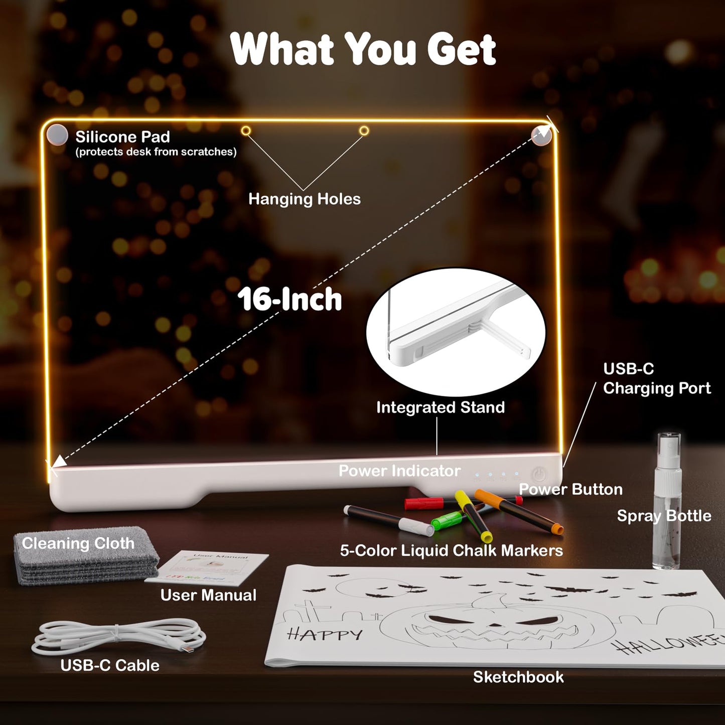 16-Inch Rechargeable LED Drawing Board, 9-Color Light Modes, Neon Art Dry Erase Light Up Doodle Glow Pad with Built-in Stand, Sketching Gift Toy for Kids/Girls/Teens, 7 Markers & Tracing Book
