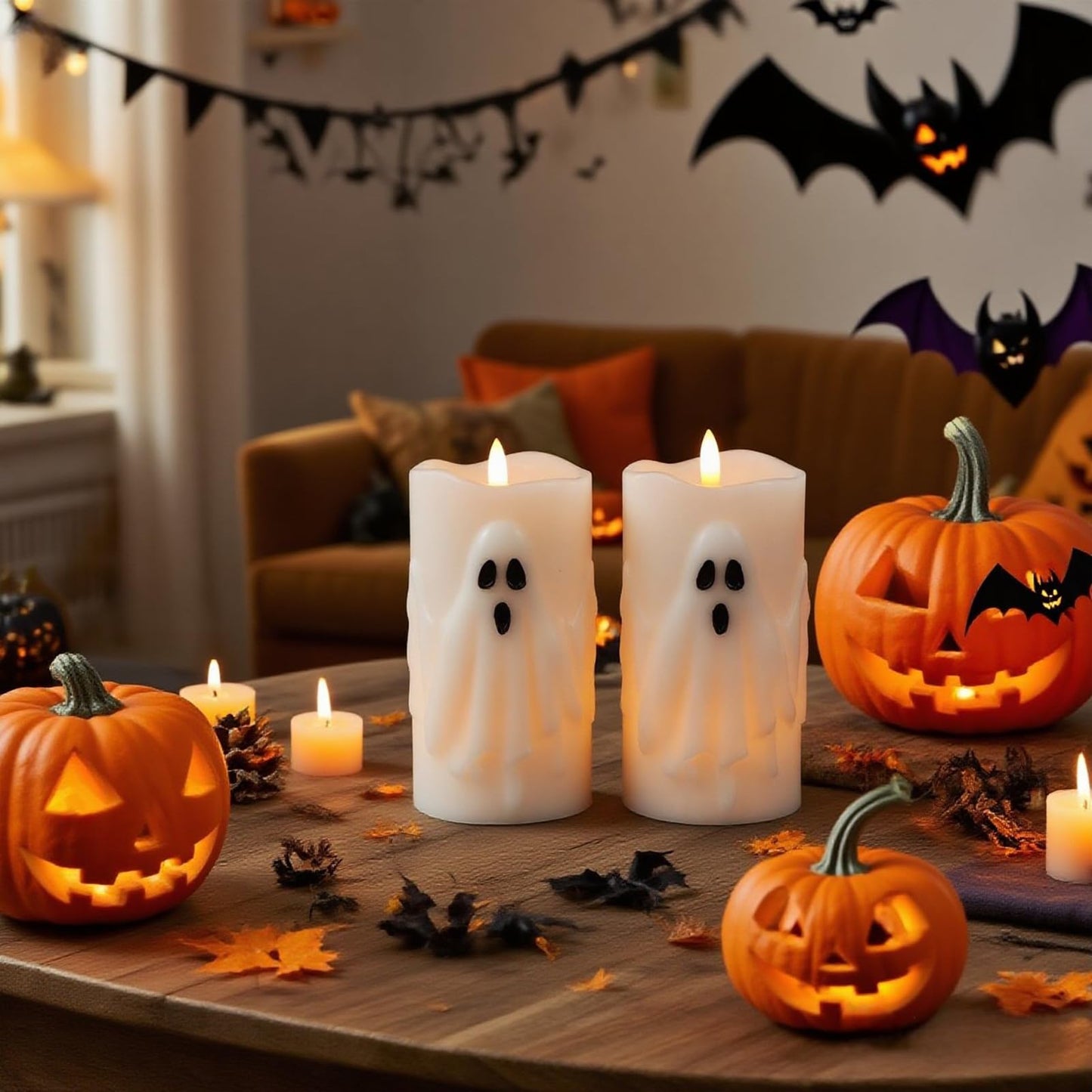 Eldnacele Spooky Ghost Halloween Flameless Candles Battery Operated with Remote & Timer Set of 2 LED Flickering Pillar Candles White Real Wax 3D Wick Long Lasting Home Indoor Decor (3" D x 6.5"" H)"