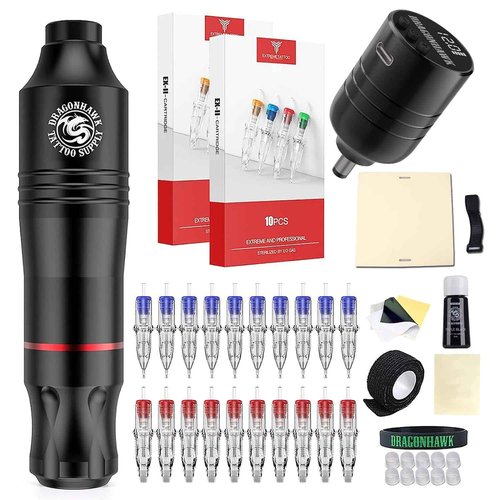 Dragonhawk Wireless Cartridge Tattoo Machine Kit Pen Rotary Tattoo Machine Cartridge Needles Power Supply 5Pcs Practice Skin for Tattoo Artists (Atom Wireless Kit)