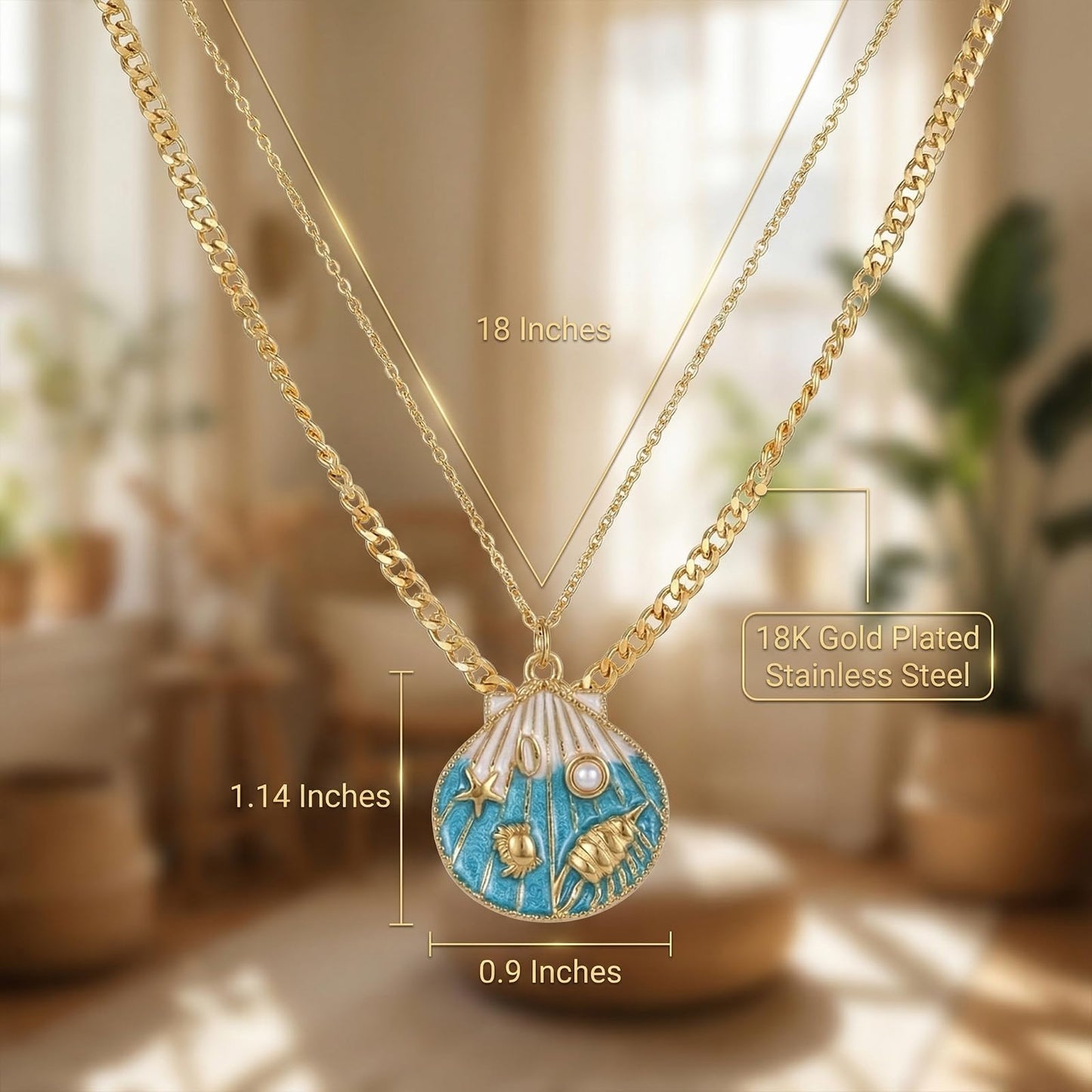 Gmai Double Layer 18K Gold-Plated Seashell Necklace,Enamel Ocean Pendant with Starfish,Crab & Faux Pearl 18in Adjustable Stainless Steel Chain for Women, Perfect for Summer Beach Party & Vacation (Gold, Animal)