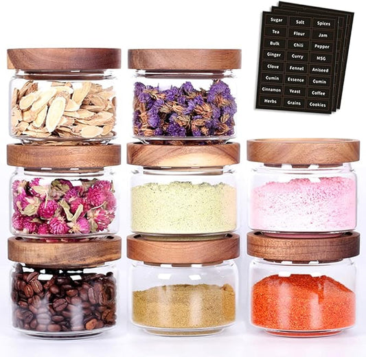 Tzerotone 8 Pcs Spice Containers - 8.5oz Glass Spice Jars With Acacia Airtight Lid and Labels - Stackable Empty Round Spice Bottles for kitchen Seasoning, coffee bean, tea, suger, herbs