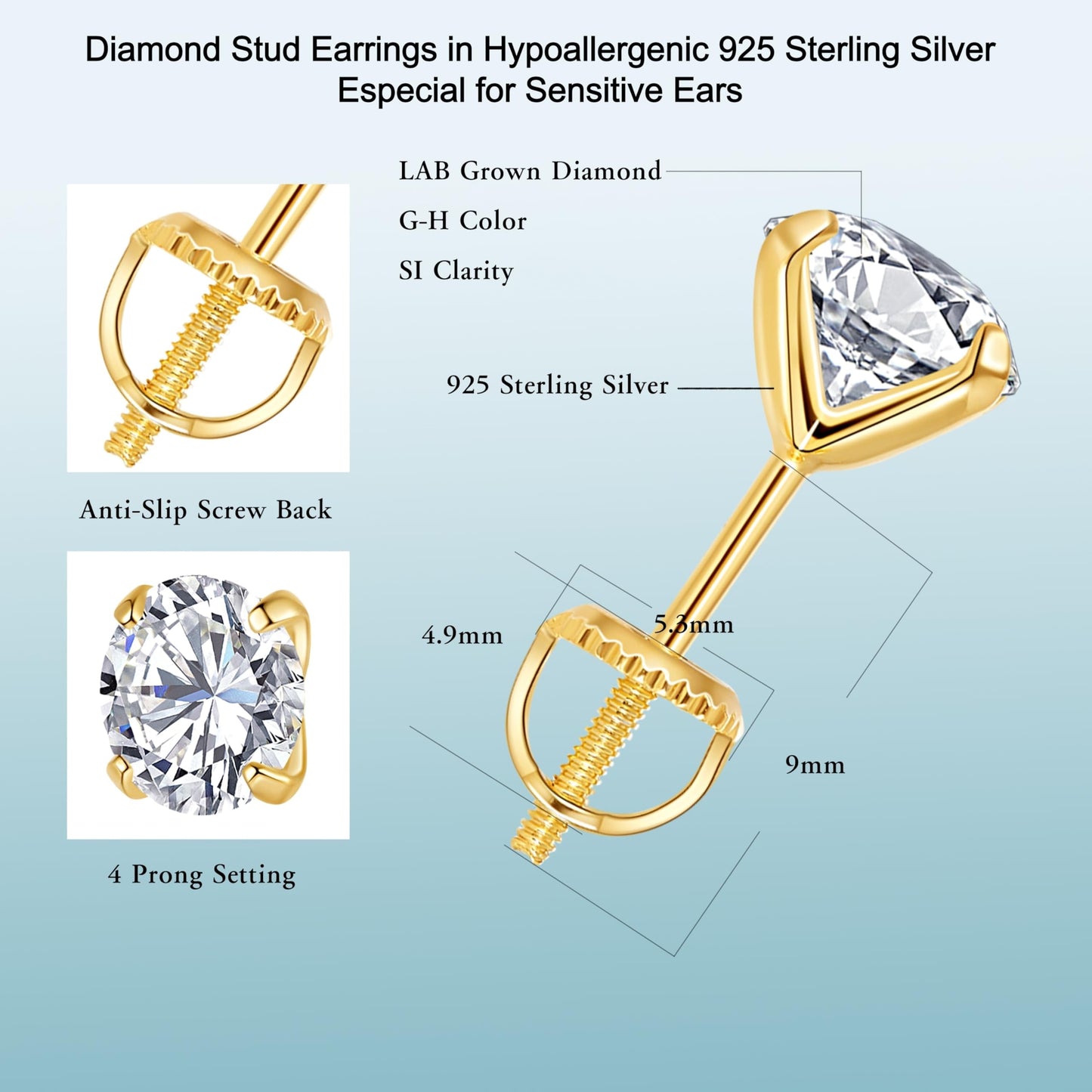 Lab-Grown Diamond Stud Earrings in Hypoallergenic 925 Sterling Silver, Screw Back, 1/5 to 2 1/2 Cttw, Round Princess Cushion Cut, 4 Prong, G-H Color, SI Clarity (14k Yellow Gold Plated, 0.3 cttw (0.15ct each)-3.3mm, White Round Diamond)