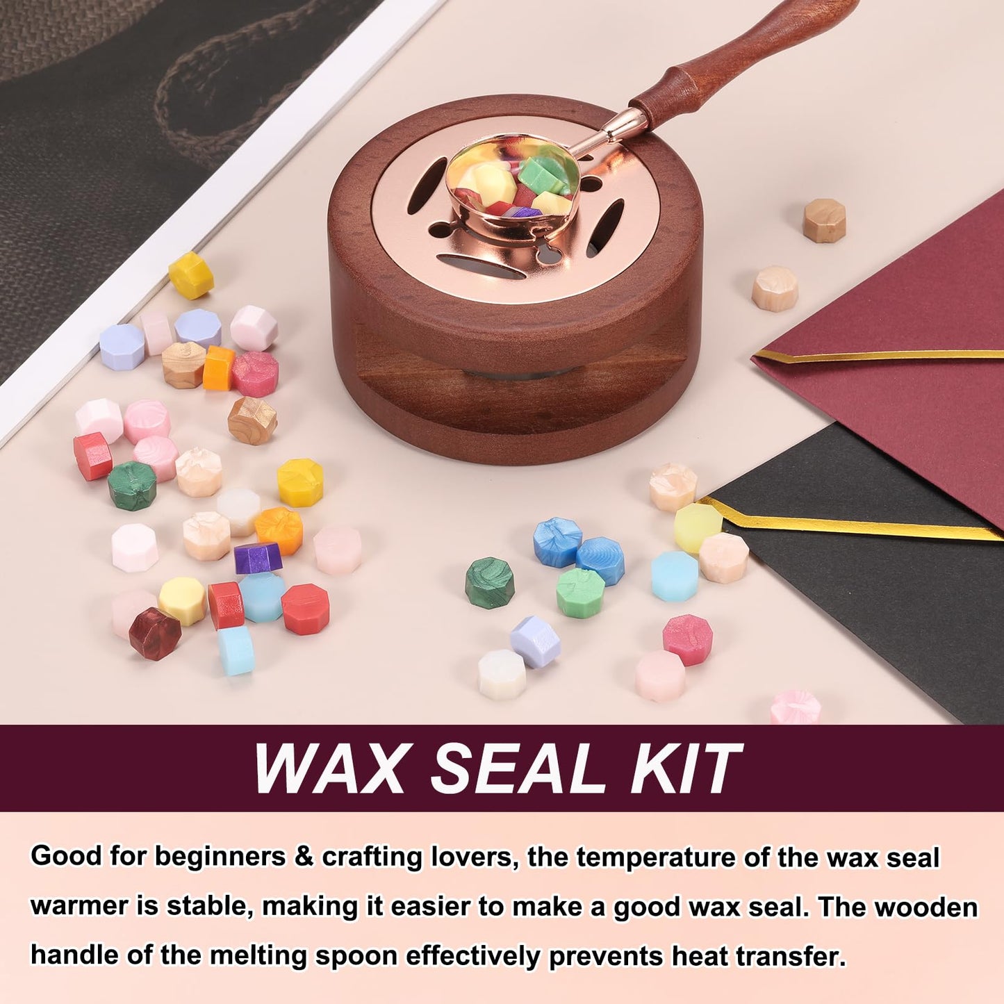 PATIKIL Wax Seal Kit, 300 Pcs Wax Sealing Beads, Wooden Warmer, Melted Spoon, 10 Pcs Tealight Candles for Envelope Letter Mailing Crafts DIY, Pearl Pink