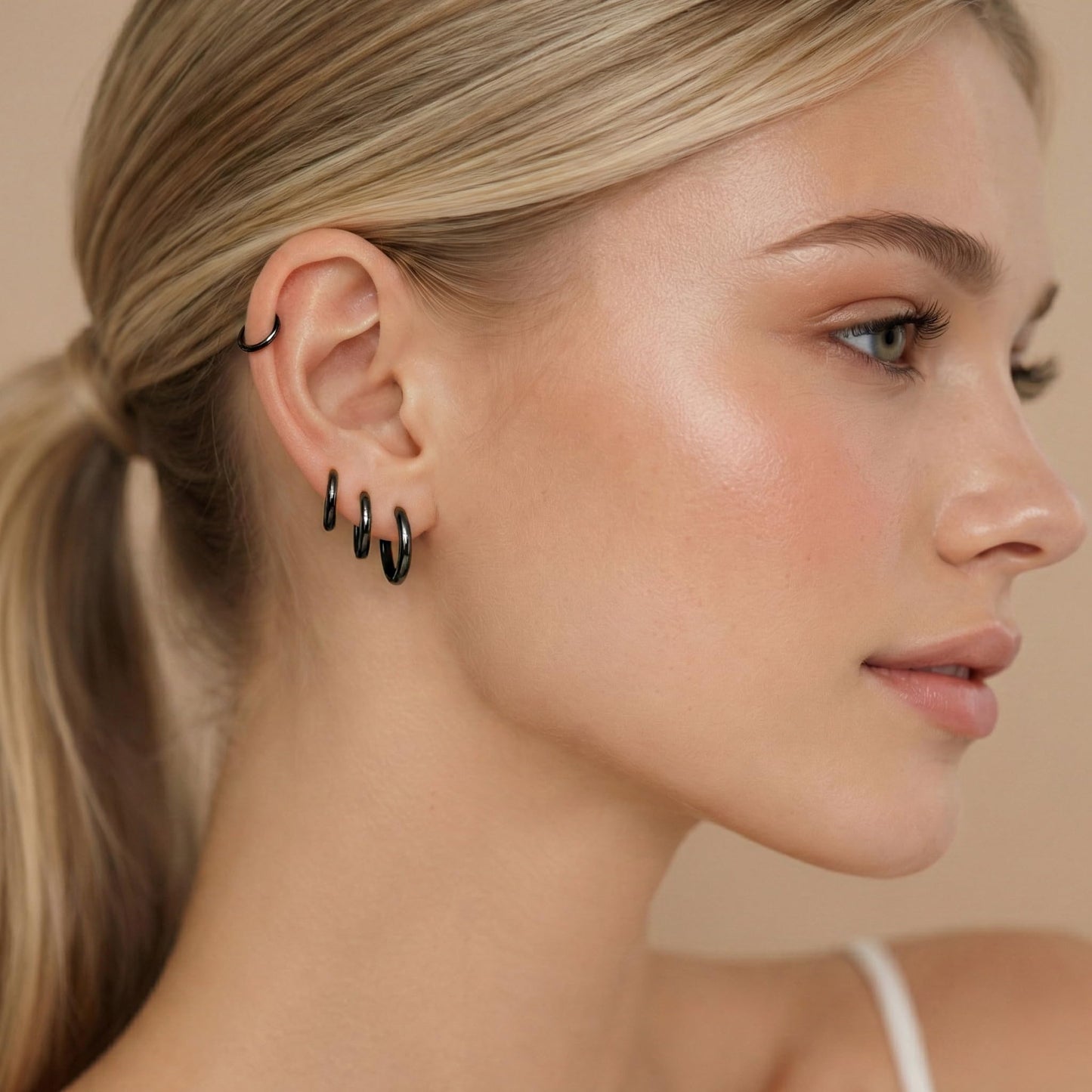 Gokeey Small Gold Huggie Hoop Earrings Set for Women 14K Real Gold Plated Hypoallergenic Lightweight Earrings for Sensitive Ears Everyday Earrings for Cartilage Piercings (10mm/10mm/10mm/10mm, Black)